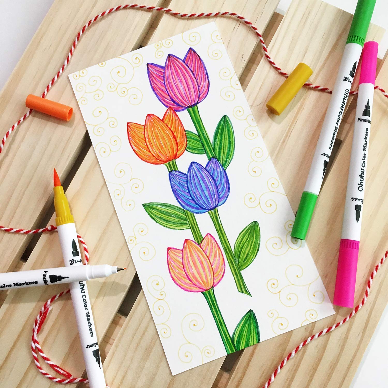 Ohuhu Watercolor Brush Markers, 36 Colors Dual Tips Coloring Brush