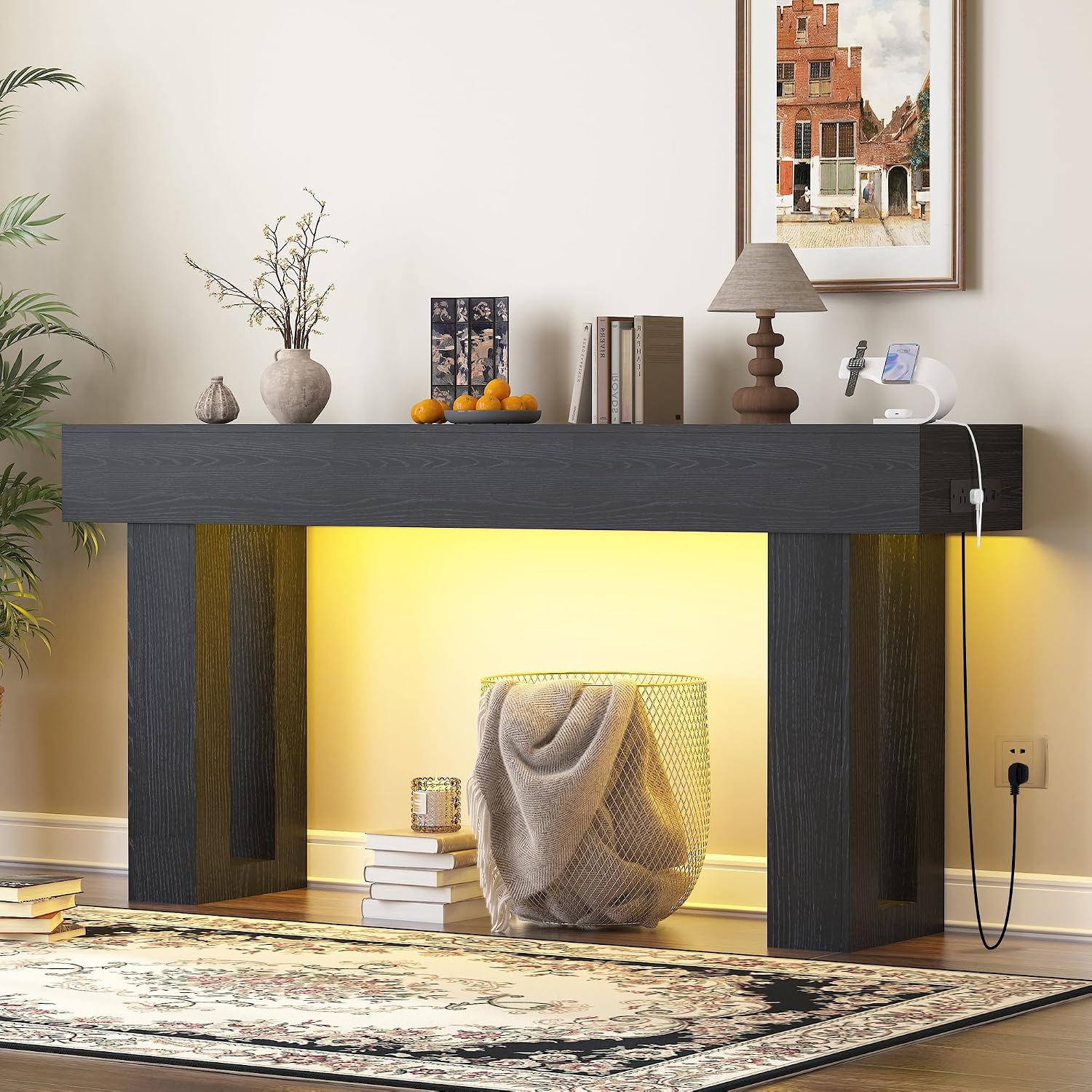 MAGIC UNION 63 Inch Entryway Console Table with Power Outlet and LED Lights, Wooden Farmhouse Narrow Sofa Table Behind Couch Table, Modern Console Tables for Living Room, Entryway and Hallway(Black)