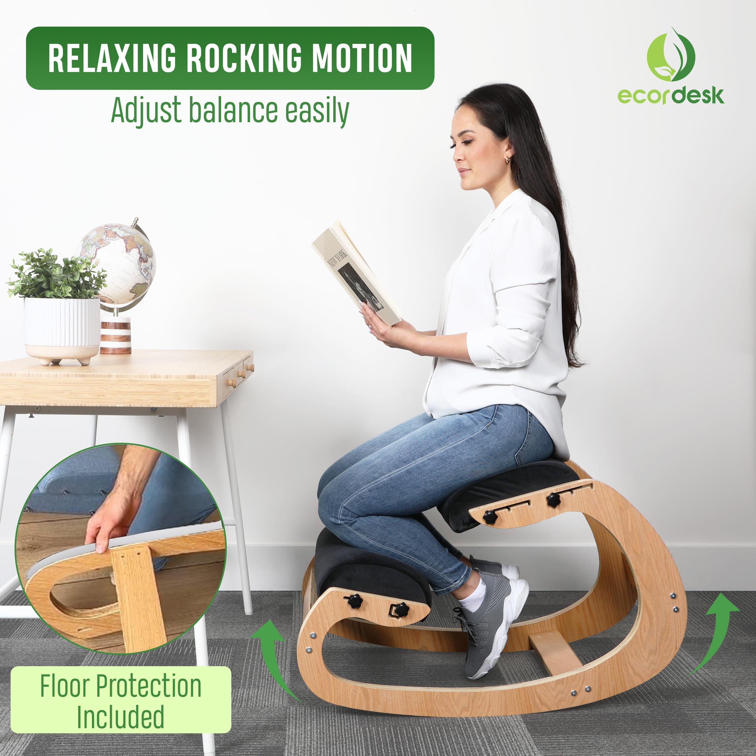 Ergonomischer Kniestuhl, verstellbarer Sitz - Bürostuhl für Schreibtisch, Haltungskorrektur, Premium-Komfortkissen, Schaukelkniestuhl aus Holz (schwarz)