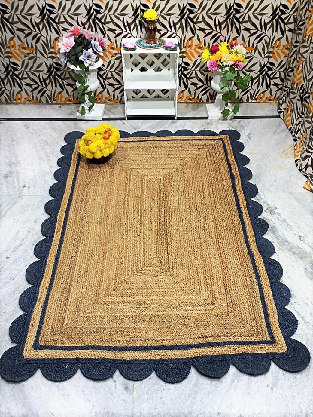 Tapis indien en jute naturelle 240x240 cm tressé main festonné bleu