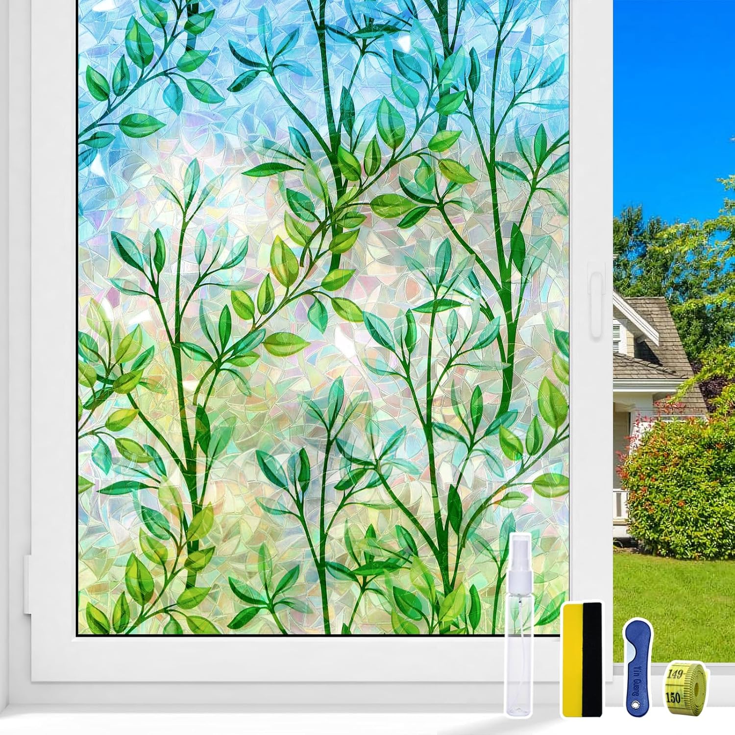 Decorative Window Privacy Film, Stained Glass Window Cling, Removable Rainbow Windows Tint for Home Room Decor Bathroom Door Car Stickers (17.5 x 78.7 in) Green Leaf 17.5" X 78.7"