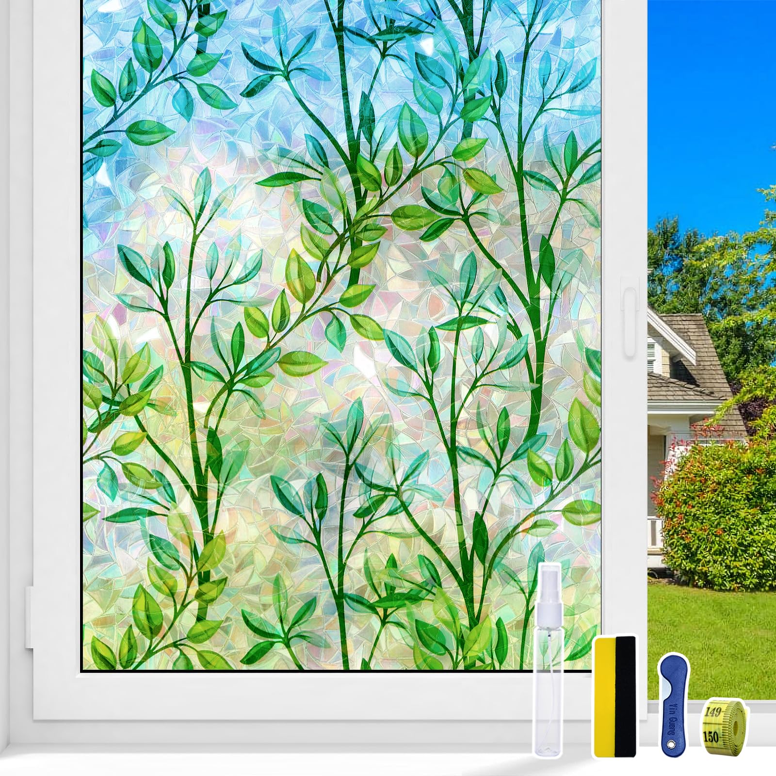 Window Film, Window Privacy Film Rainbow Decorative Stickers Anti UV 3D Decals Static Clings Window Tint for Home Heat Control, Green Leaf