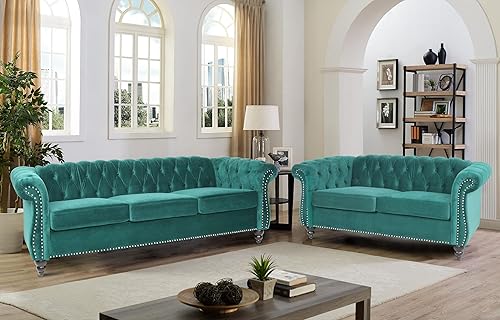 RARZOE Moderno juego de sofá de 2 piezas para sala de estar, contemporáneo con botones copetudos, sofá Chesterfield de tres plazas y sofá de dos