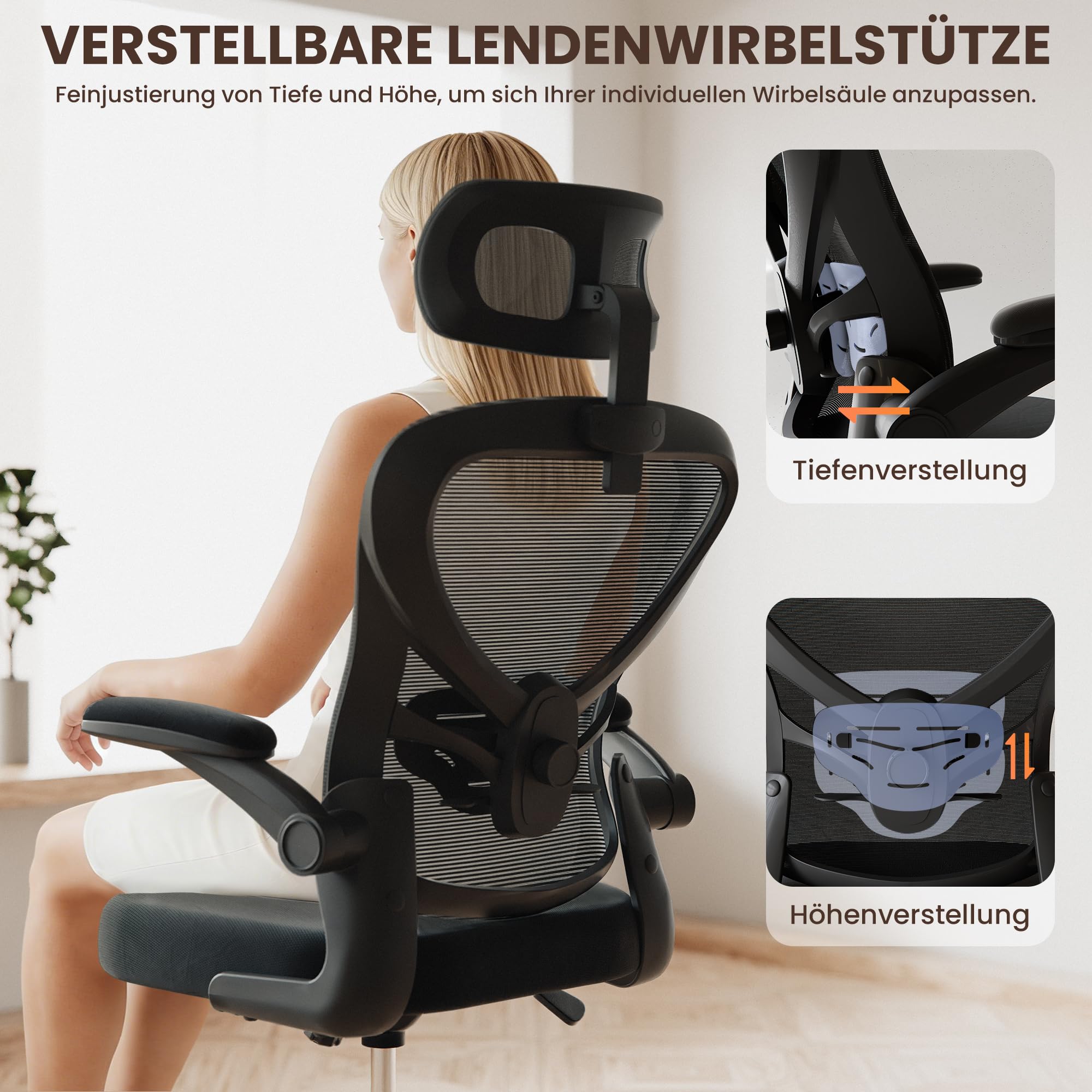 ALAULM Ergonomischer Bürostuhl mit Verstellbarer Lendenwirbelstütze und um 90° hochklappbaren Armlehnen, Computerstuhl mit hoher Rückenlehne aus Netzgewebe für Zuhause und Büro, schwarz