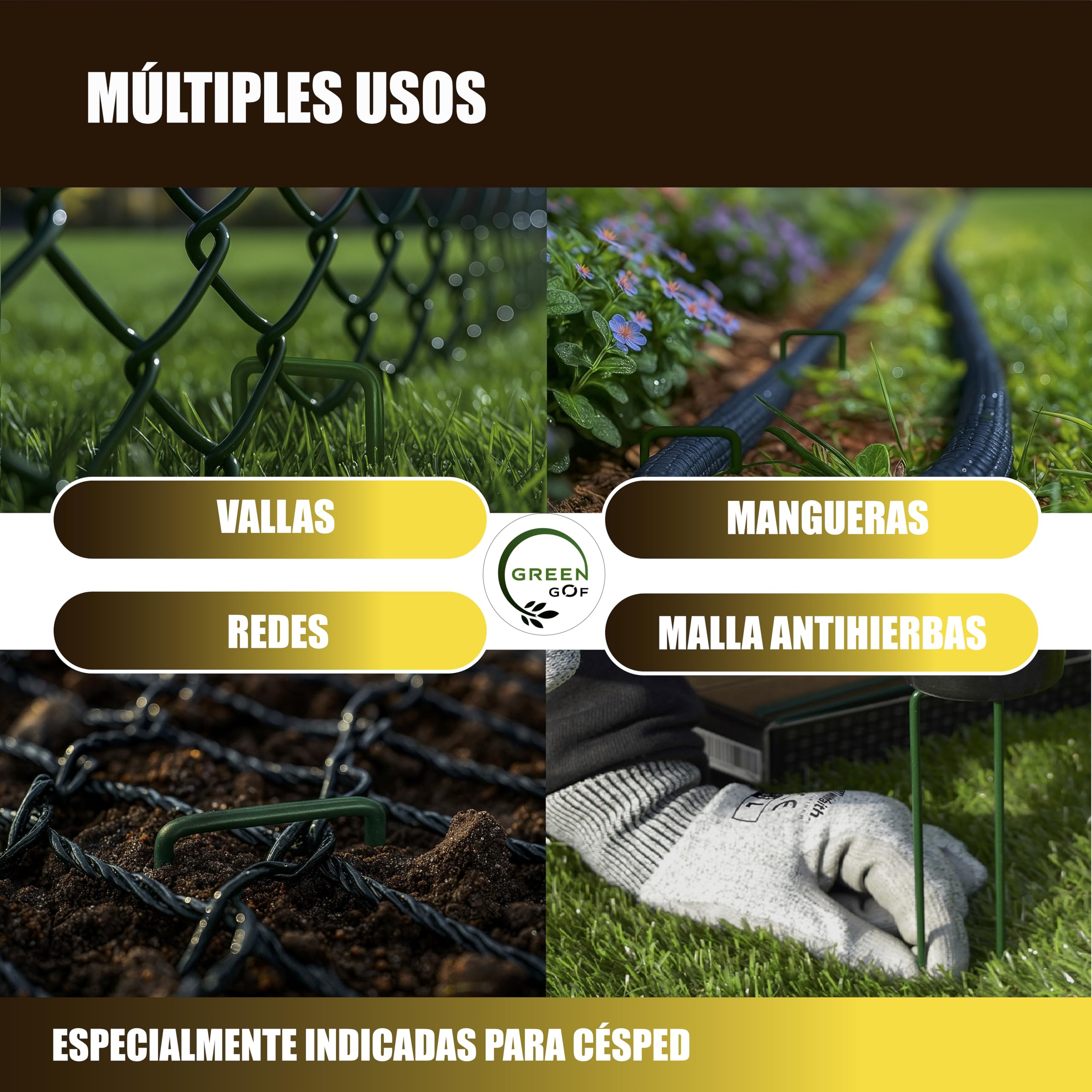 GREENGOF Grapas Verdes para Cesped Artificial, Malla Antihierba y Jardin, 100Unds - Acero Galvanizado, 15x4cm, Ø3mm - Ultra Resistentes y Anticorrosivas - Piquetas de Jardín, Anclaje al Suelo.