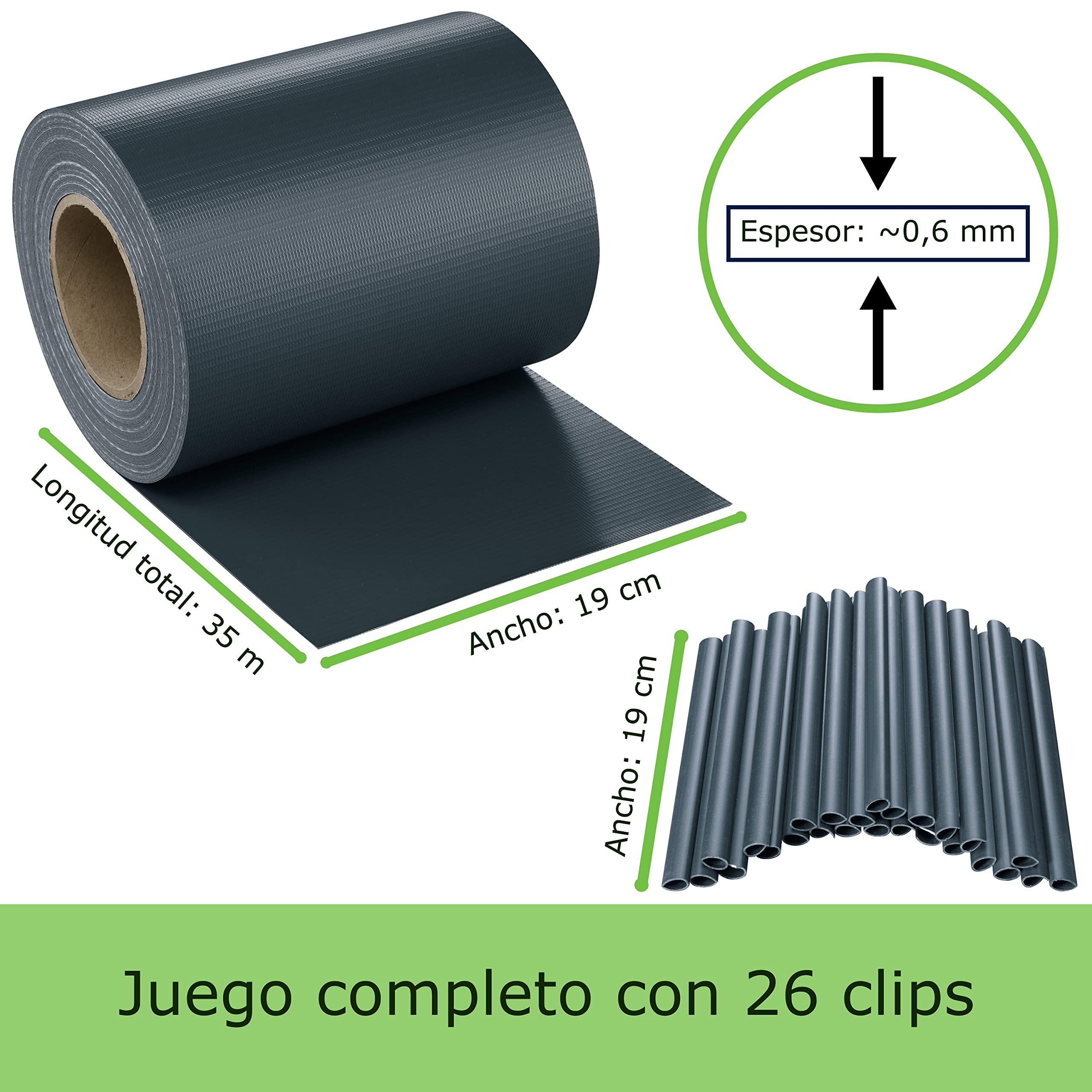 Workinghouse PVC pantalla de privacidad tiras para valla de doble piquete - 650g 35m x 19cm - valla de privacidad valla de jardín pantalla de privacidad película de valla - incl. 26 clips