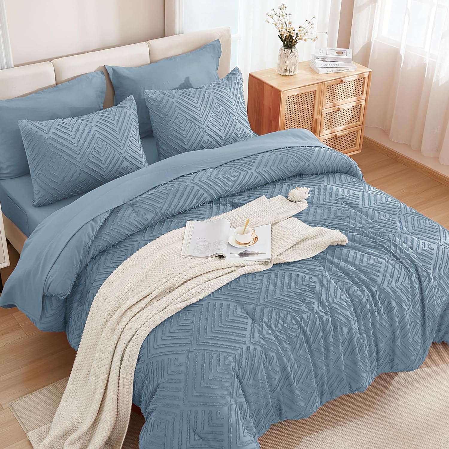Andency Queen Size Comforter Set 7 Piece Grayish Blue - Bed in a Bag Queen Boho Lightweight Fluffy Tufted Bedding Sets with Comforter, Sheets, Pillowcases & Shams - Image 2