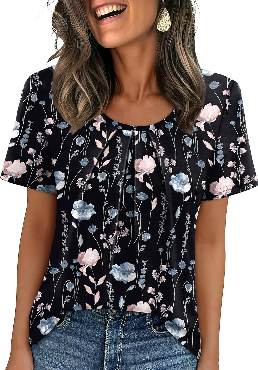 WIHOLL Women T Shirts Pleated Short Sleeve Tops Business Casual Dressy Blouses