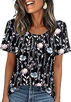 WIHOLL Women's Pleated Short Sleeve T-Shirts Business Casual Blouses Flowy Scoop Neck Tops