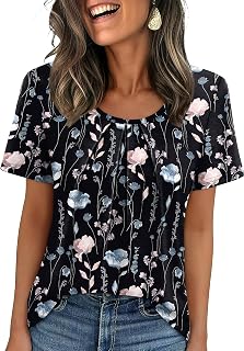WIHOLL Women's Pleated Short Sleeve T-Shirts Business Casual Blouses Flowy Scoop Neck Tops