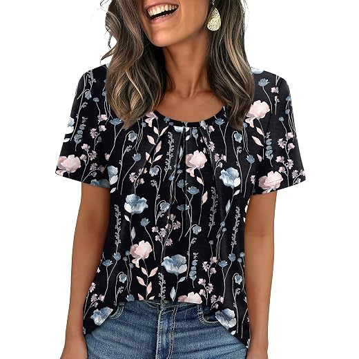 WIHOLL Women T Shirts Pleated Short Sleeve Tops Business Casual Dressy Blouses