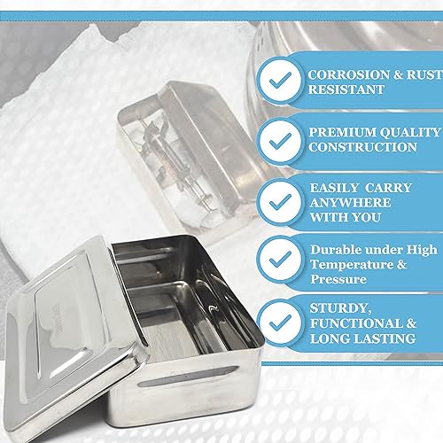 Miniatura 6 de Caja de instrumentos de esterilizador dental médico de acero inoxidable, bandeja organizadora de almacenamiento con tapa, 7L x 3W x 1.25H (liso)