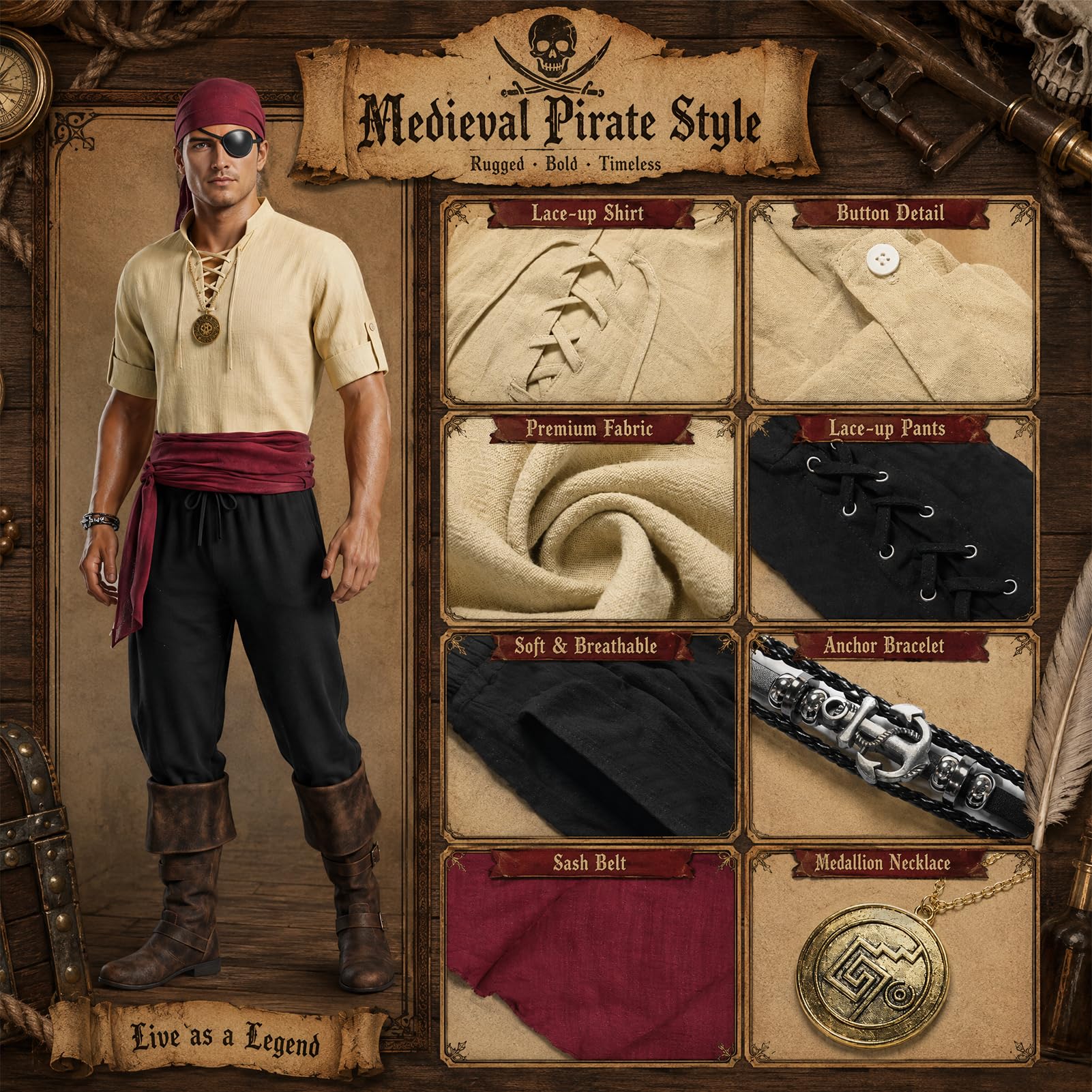7-teiliges Piratenkostüm, Halloween-Kostüm, Herren, Piratenkostüm, Erwachsenen-Kostüm, Halloween-Kostüme für Karneval, Cosplay-Partys