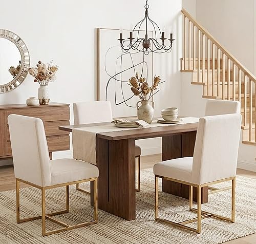 Miniatura 8 de VESCASA Juego de 2 sillas de comedor tapizadas de lino, sillas acolchadas modernas de mediados de siglo con marco de metal dorado para restaurante,