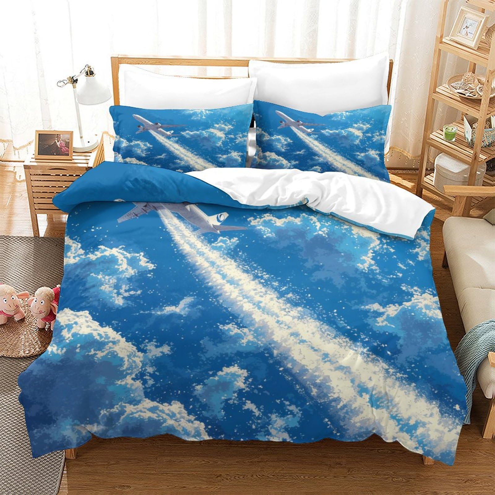 P1s9u7w5y Aircraft-2 3D Printed Sky Clouds Airplane Duvet Cover Set 3Pcs Microfiber Cloud Bedding Set King（220X240cm）