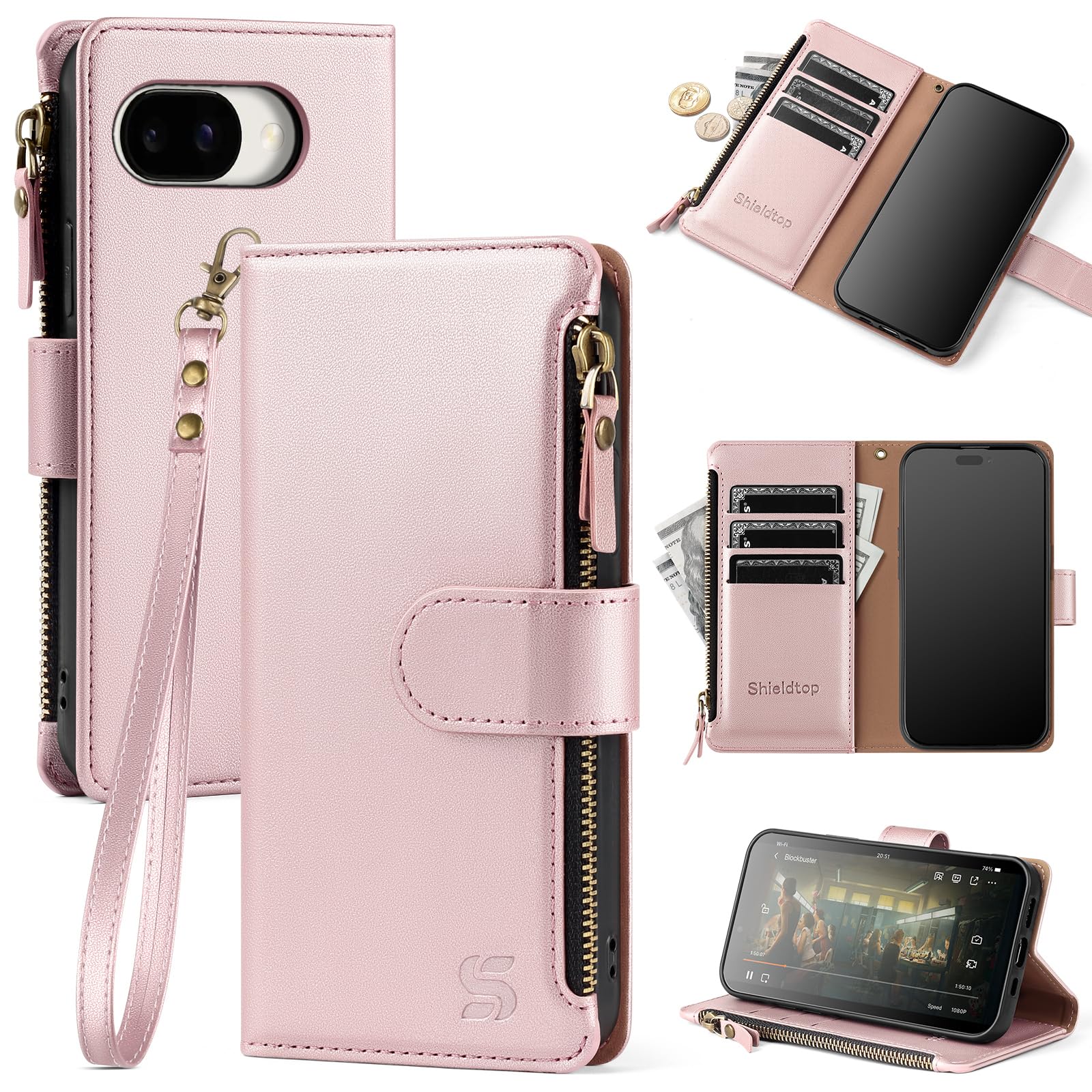 Shieldtop Compatible with Google Pixel 9a Wallet Case with Card Holder,Women Men RFID Blocking PU Leather Flip Cover Wrist Strap Zipper Credit Card