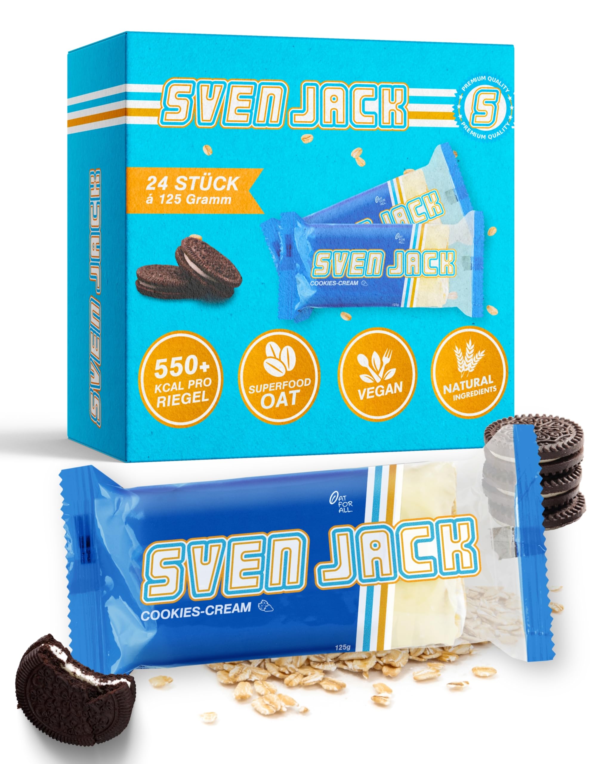 Sven Jack (Energy Cake) - Cookies-Cream 24x 125g (3kg) - Fitness Riegel aus Haferflocken mit langkettigen Kohlenhydraten – Energieriegel Sattmacher für den Alltag & unglaublichem Geschmack