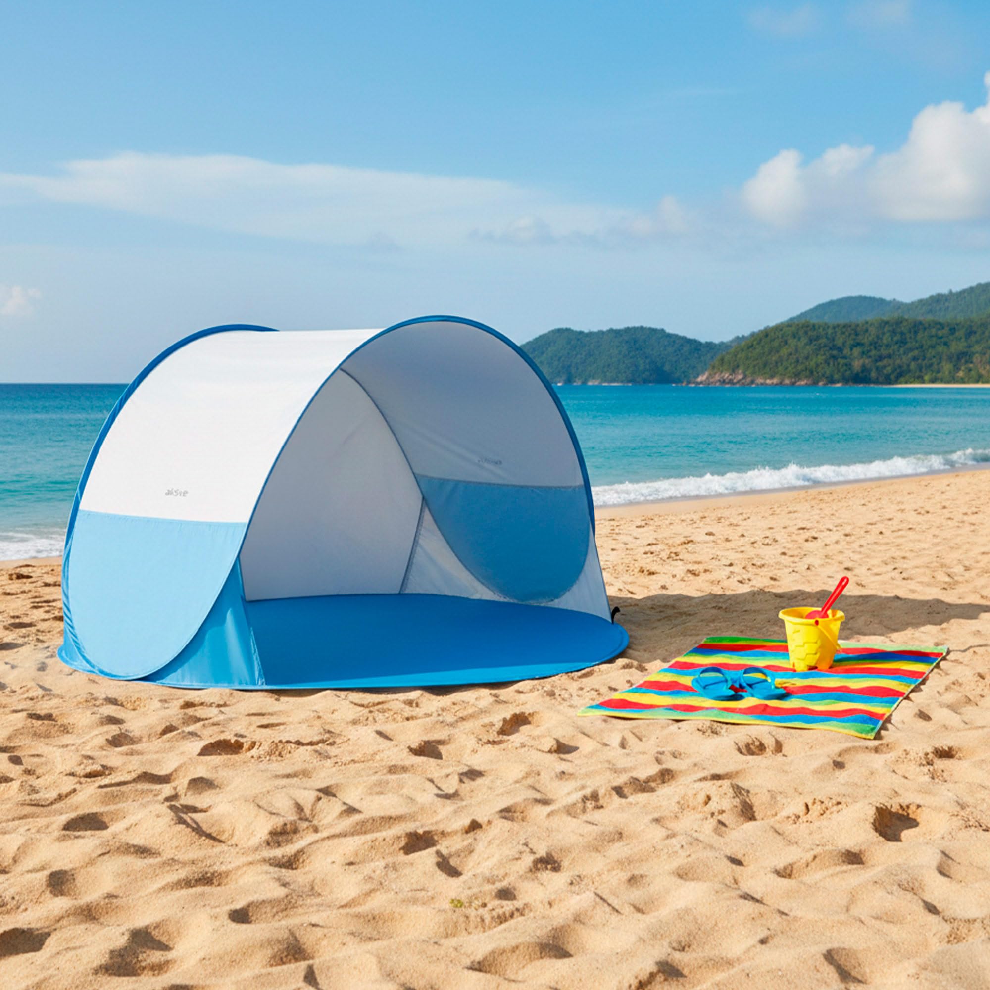 AKTIVE Tienda Playa Pop up, Azul, 148x148x90 cm, Revestimiento Plateado, Protección UV50, Incluye 4 piquetas, Poliéster, Paravientos Plegable, Bolsa Transporte, Refugio Pesca (62529)