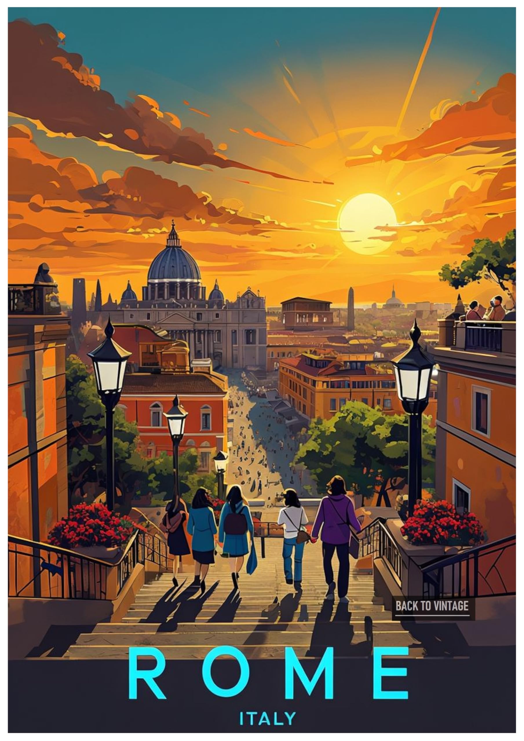 Vibrant Travel Poster Illustration Of Rome City At Sunset - Retro Europe Travel Poster A4 Size Vintage Wall Art Print of Famous European Destinations Ideal for Home or Office Decor