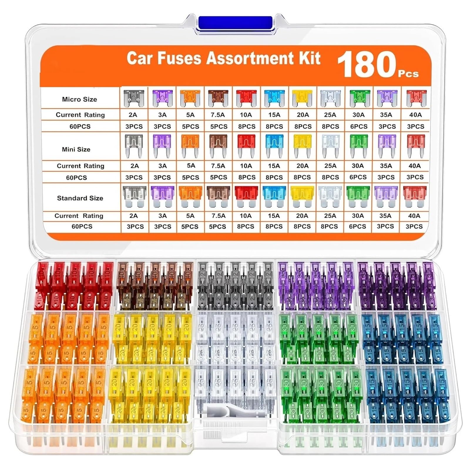 Kit assortito di fusibili for auto da 180 pezzi, 60 fusibili a lama for auto, 60 fusibili standard for auto, 60 micro fusibili