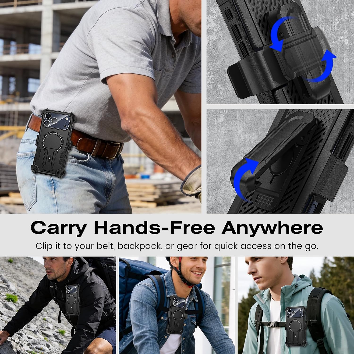 Caka for iPhone 17 Pro Max Phone Case with Belt Clip Holster [Compatible with MagSafe] [HD Screen & Camera Lens Protector] [Invisible Kickstand] Military Grade Shockproof Rugged Magnetic Cover