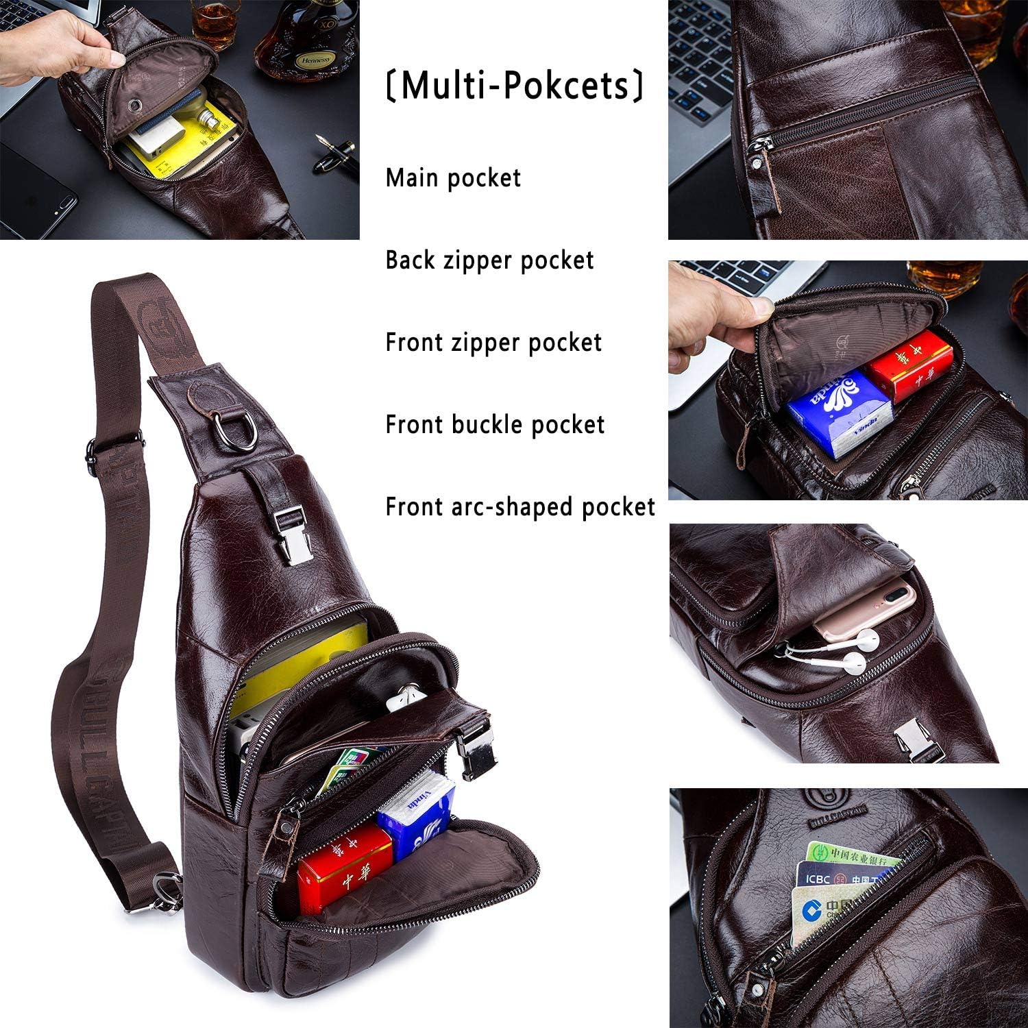 Cross body Bags for Men Leather Sling Bag Casual Daypacks Chest Bags Shoulder Bag Travel Hiking Backpacks - Image 3