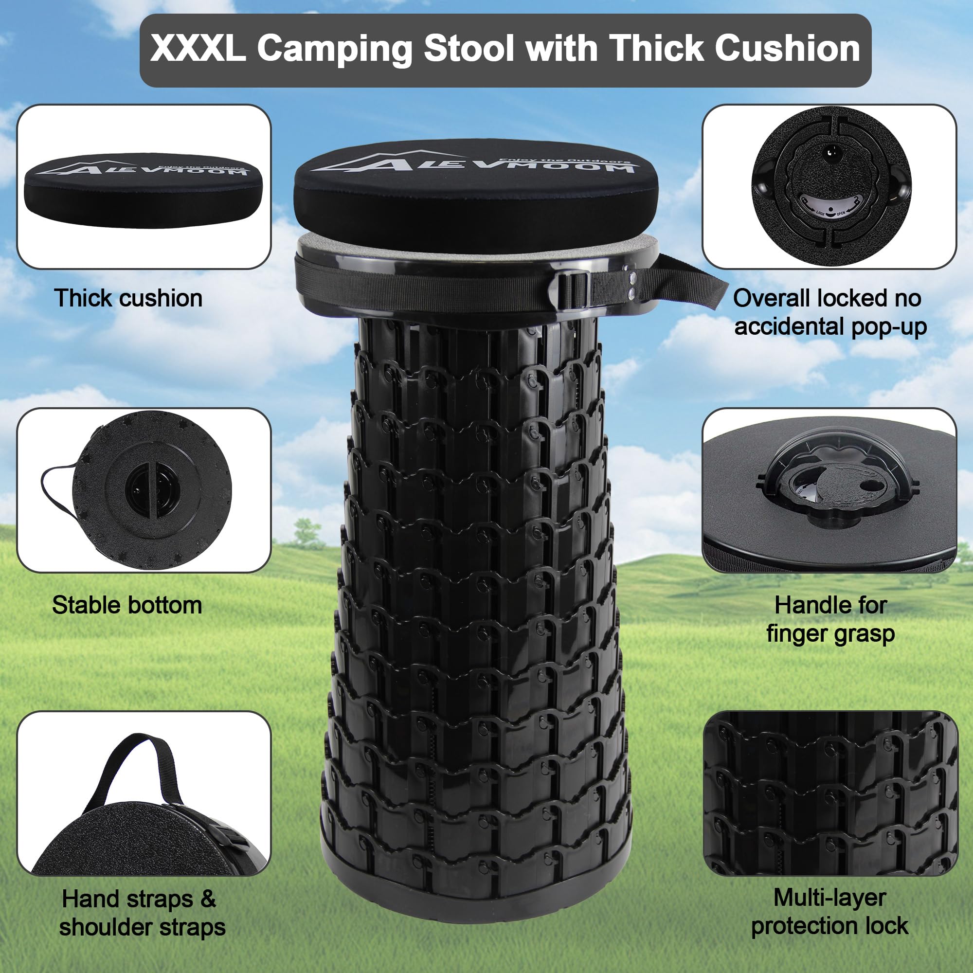 ALEVMOOM 2026 Verbesserter XXL-Klapphocker mit Kissen und Tasche, höherer 59 cm Tragbarer Teleskophocker, maximale Belastbarkeit 450 kg, einziehbarer Klapphocker für Camping und Reisen