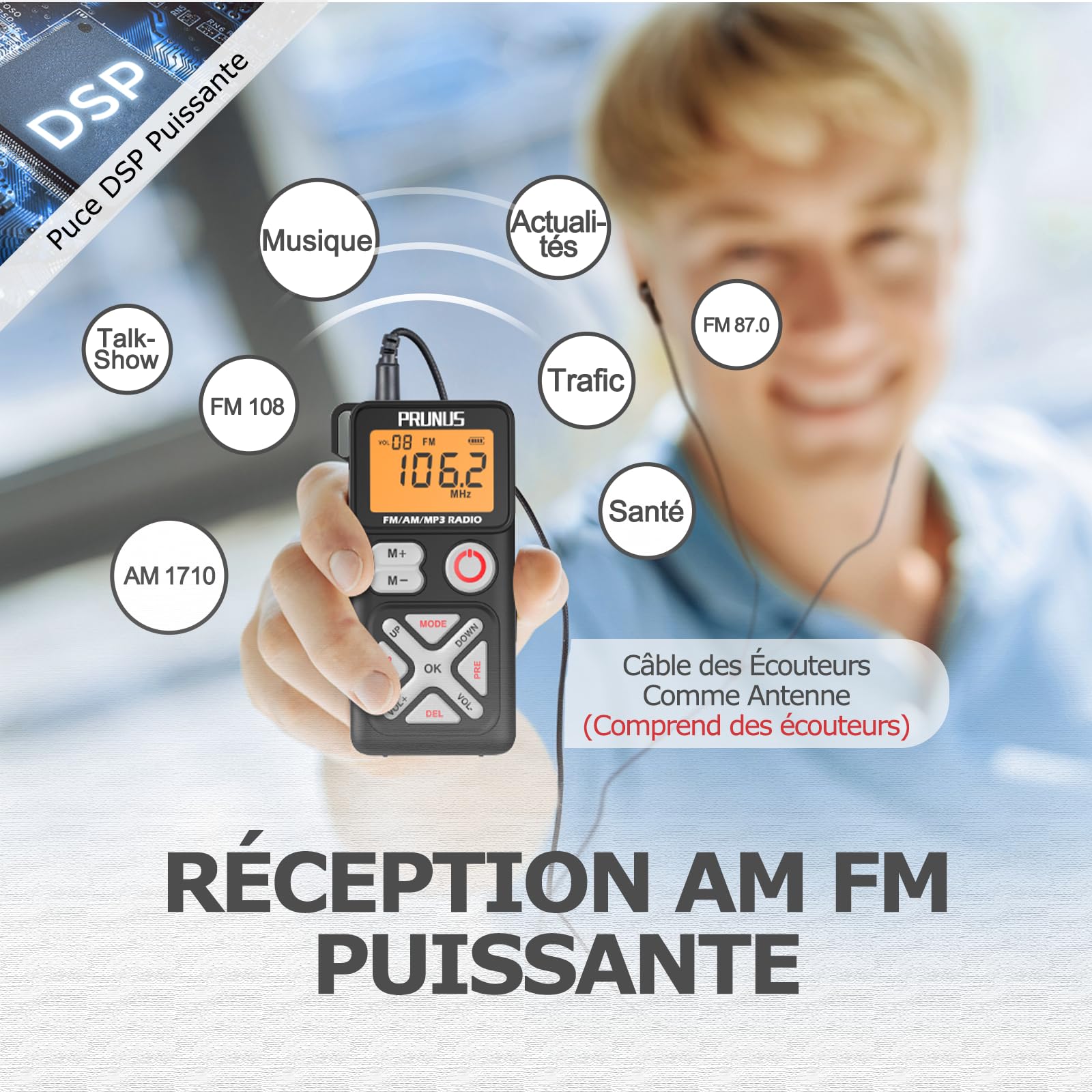 PRUNUS J-988 Mini Radio FM AM, Radio Portable Rechargeable avec 600 mAh, TF/MP3/WAV, Prise Casque, Radios de Poche pour la Course, Le Sport, la Randonnée et Le Camping.