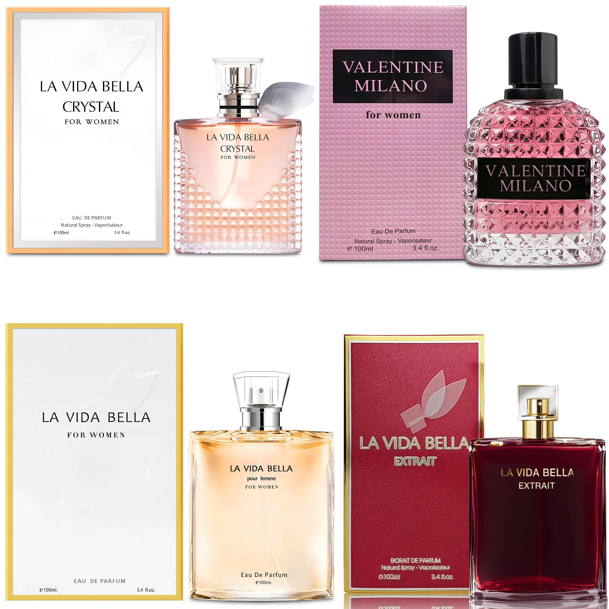 4PCS Perfume Set for Women - Floral Fragrance Gift Set with Vanilla,Sweet Fruity Eau De Parfume| 3.4 Fl Oz Each(La Vida Bella,La Vida Bella Crystal,La Vida Bella Ext,Valentine Milano)