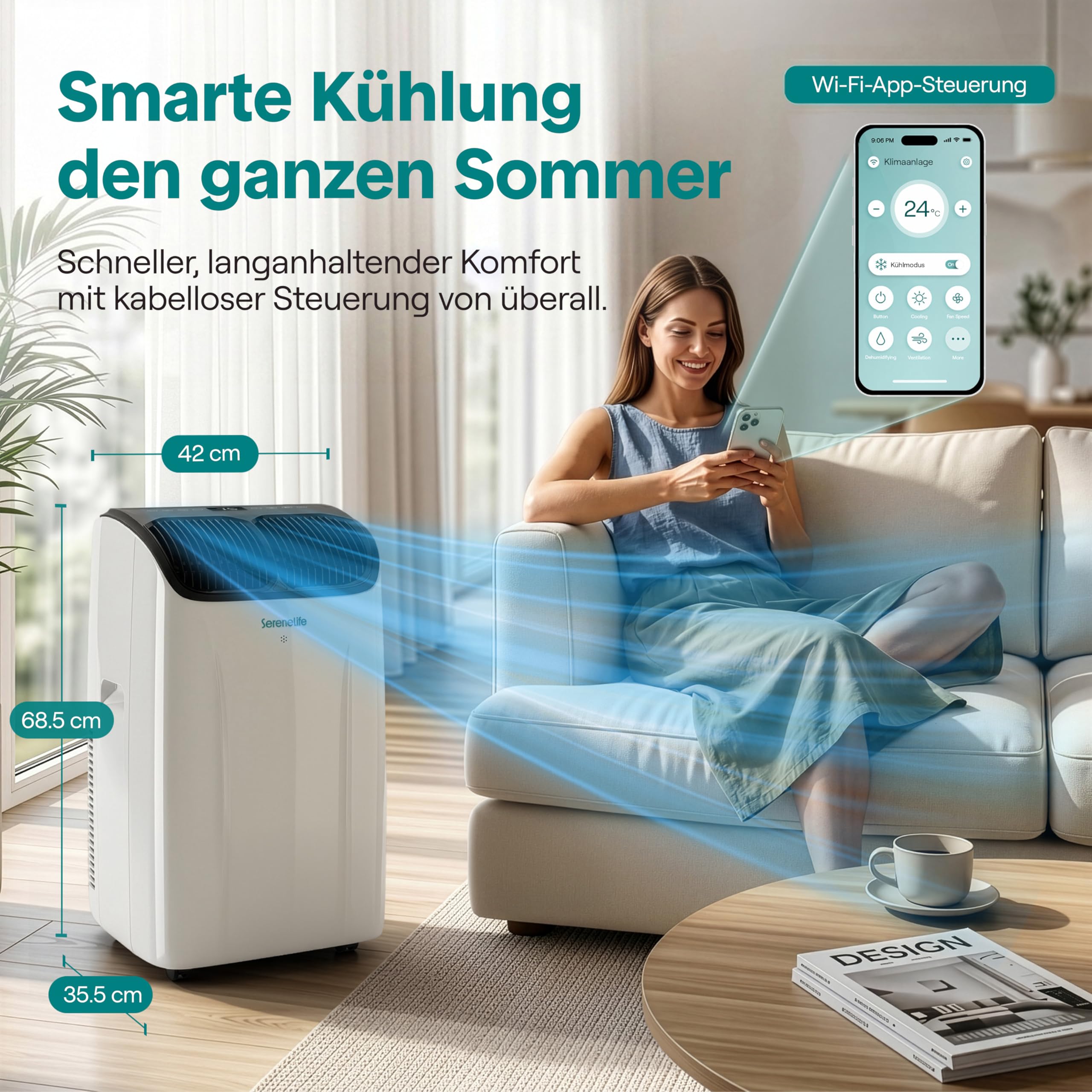 SereneLife Klimaanlage Mobil 12.000 BTU mit Heizfunktion – Kleine Klimaanlage für Zimmer bis 32 m² | Kühlen, Heizen, Entfeuchter & Ventilator | 48 dB | Grau