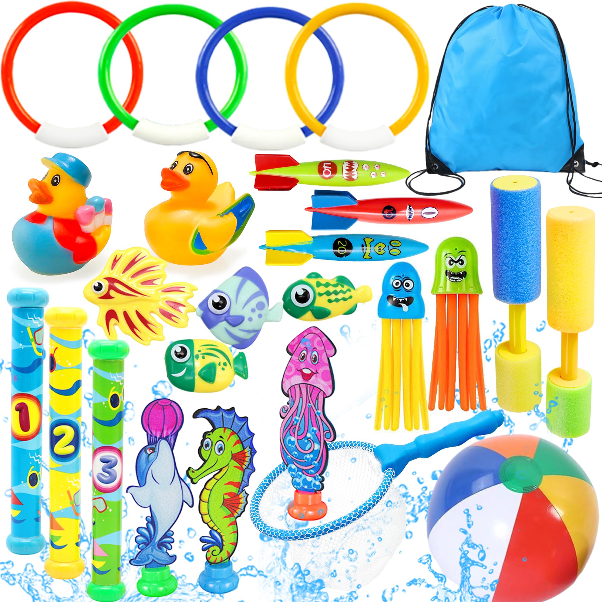 Lubibi Juguetes de Buceo para Niños, Juguetes de Piscina para niños,Anillos de Buceo,Algas Marinas,Torpedos Bandidos,Pistolas de Agua,Mochila con Cordón,Natación Subacuática,Juego bajo el Agua