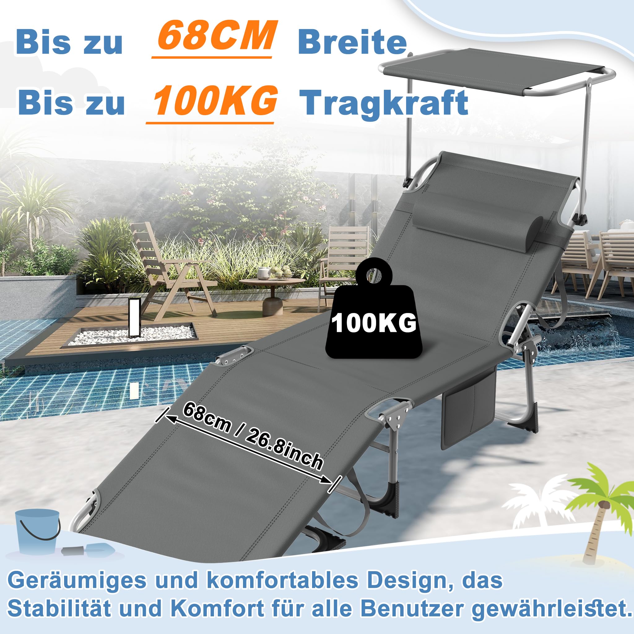 AufuN Sonnenliege Klappbar mit Dach und Seitentasche 195x68 cm Anthrazit | Wetterfeste Gartenliege, stabile Strandliege, Sonnenschutz & verstellbare Rückenlehne, bis 100 kg, ideal für Terrasse Campin