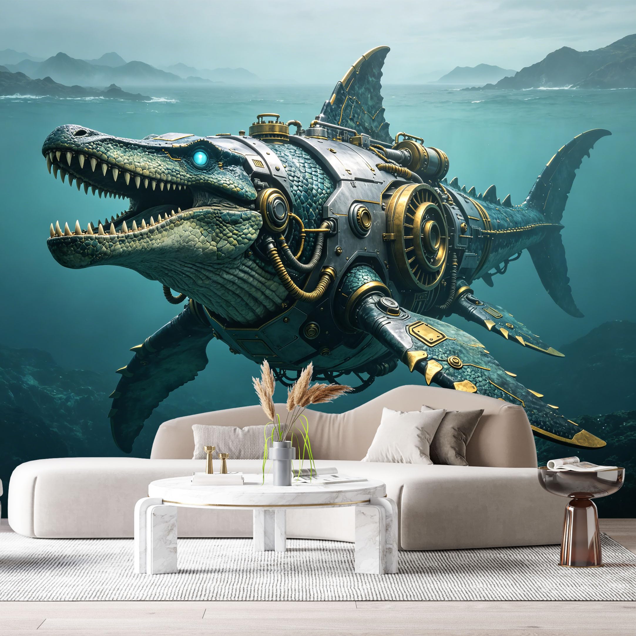Custom Size Wall Mural Mechanical Sea Steampunk Aquatic Mech Textured 3D Futuristic Style SelfAdhesive Art Prints Removable Large Wallpaper Esports Room Game Room Tenant Room Studio