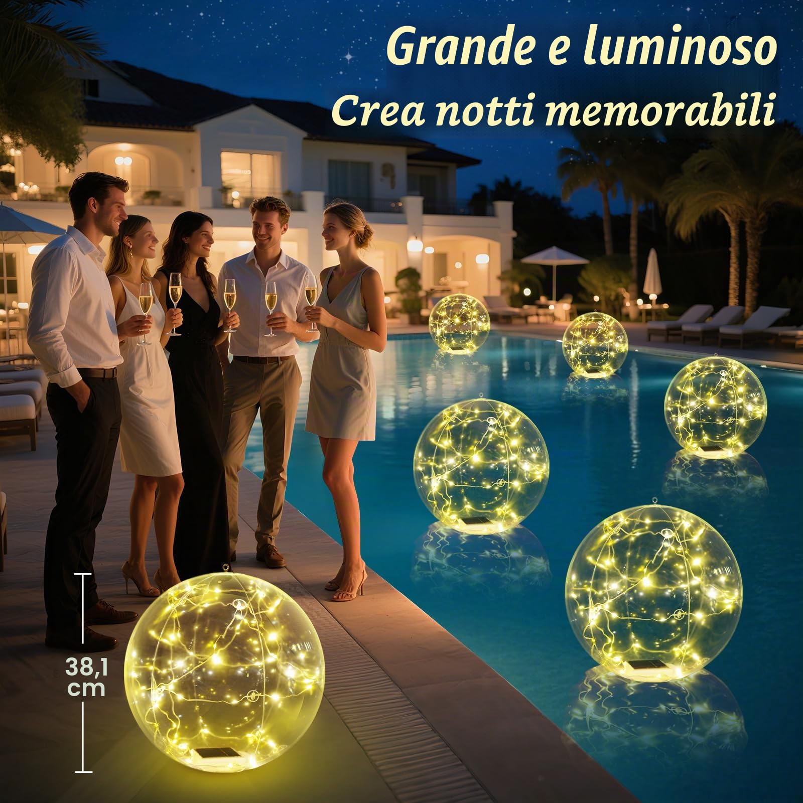 Askyli - Luci galleggianti solari per piscina, 38,1 cm, luce solare impermeabile che galleggia, luci LED bianca calda per palline da piscina, luci solari per piscina con accensione automatica per