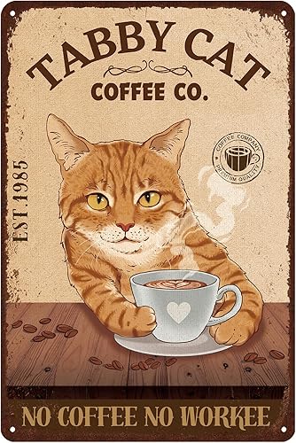 Retro gato metal signo vintage café bar estaño signos divertido cocina pared decoración - atigrado gato café co. no coffee no workee