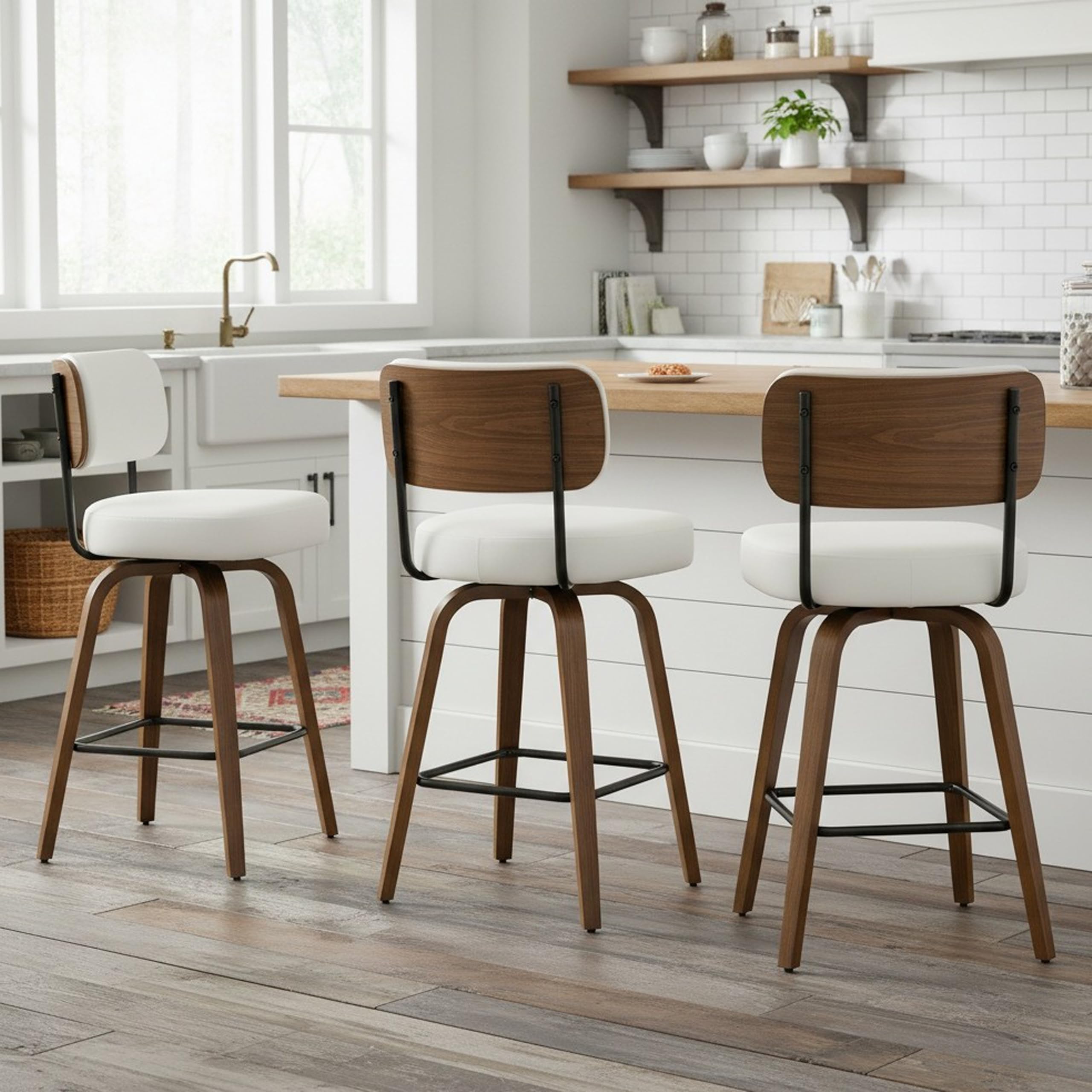 Swivel Bar Stools Set of 3, 26" Upholstered Counter Height Bar Stools with Back and Walnut Wood Legs, Faux Leather Barstools for Kitchen Counter, White