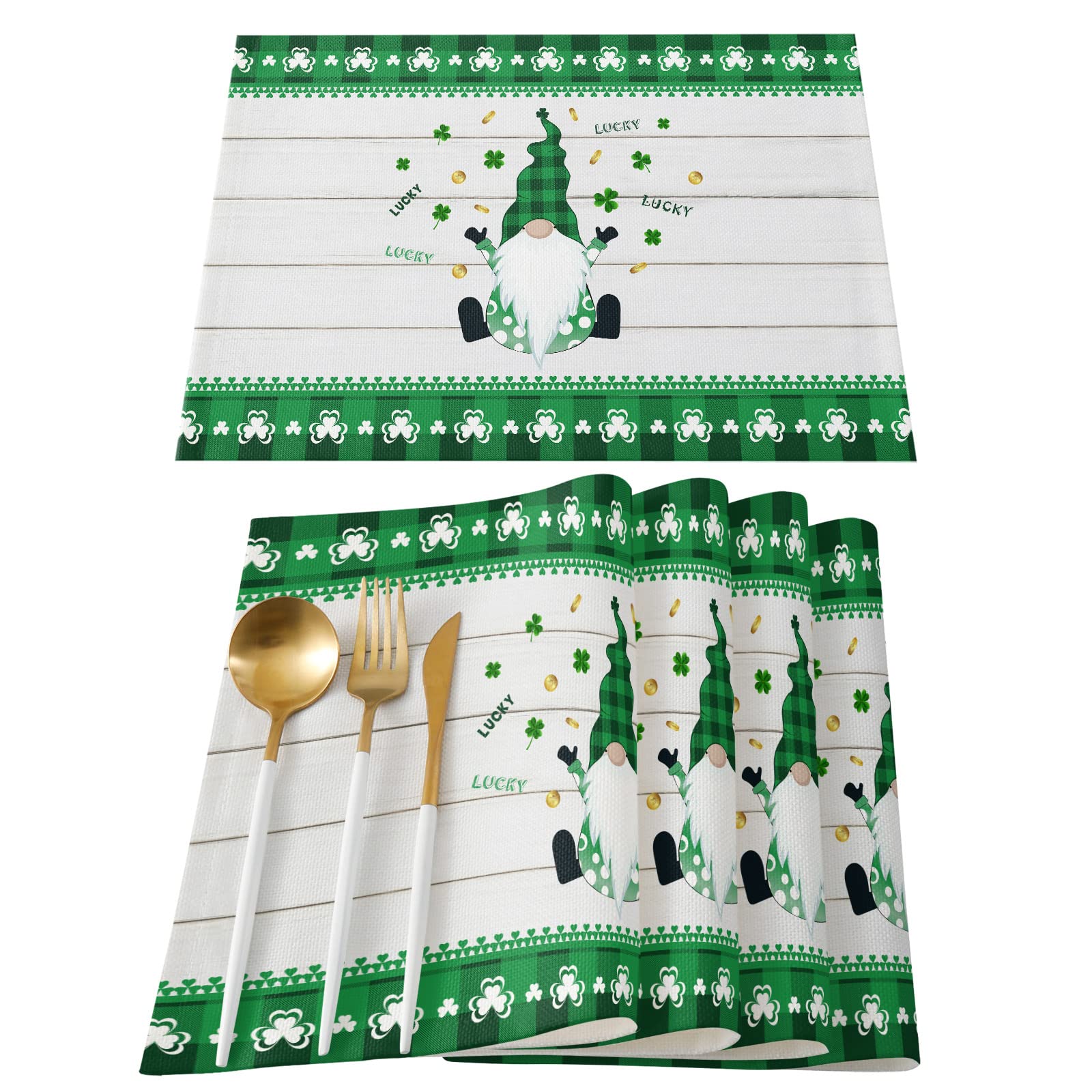 LEO BONCotton Linen Placemats Set of 6 St. Patrick's Day Clover Dwarf Wood Board Texture Table Mats for Wedding Party Holiday Dinner Home Decoration Everyday