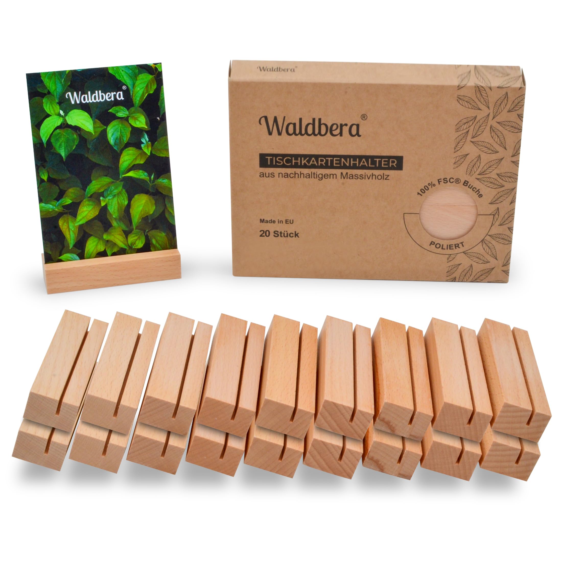 Waldbera Solid Beech Pack Of 20 Place Card Holders Made Of Fsc® Eu Beech Wood - Card Holder Wood As Card Stand, Photo Holder, Postcard Holder & Menu Card Holder - Wooden Stand Natural