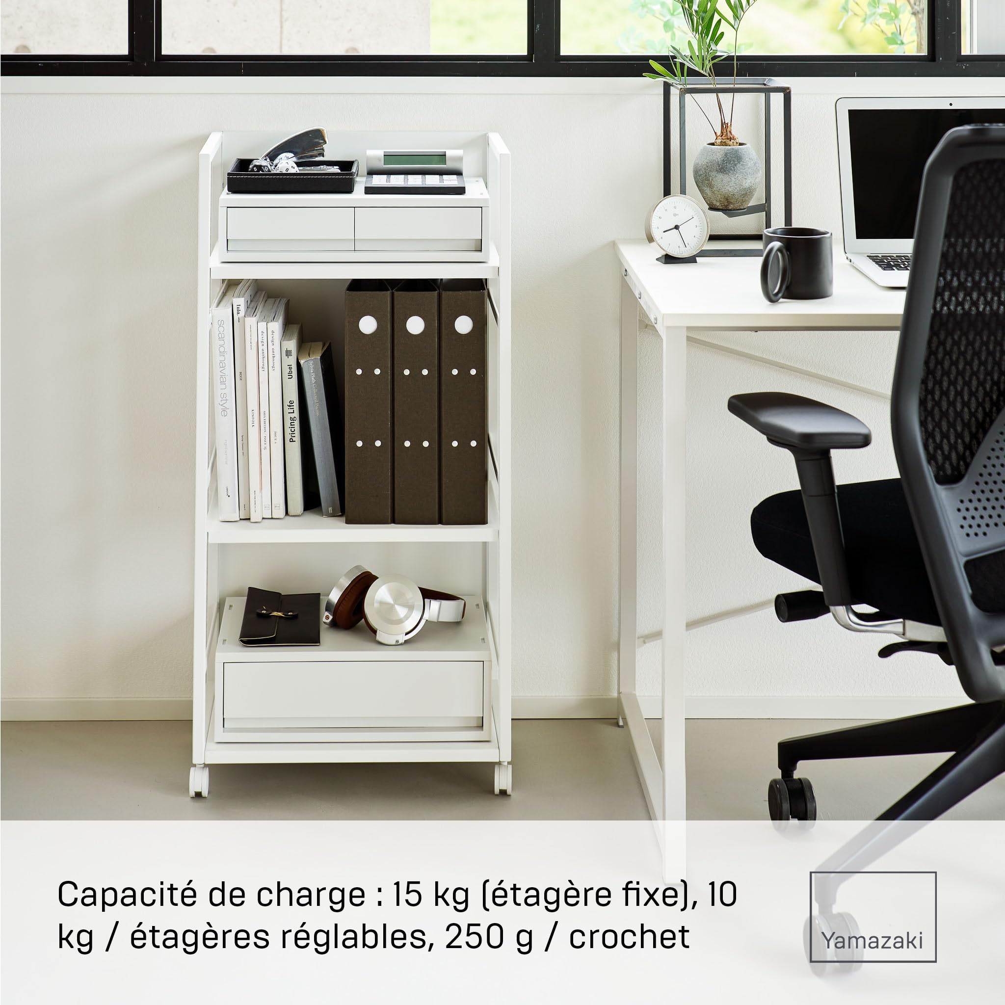 YAMAZAKI 1419 Tower Chariot de Rangement Semi-fermé à 3 Niveaux, Blanc, Acier/Nylon, Minimaliste, 32,1 x 42 x 84,5 cm (L x L x H)