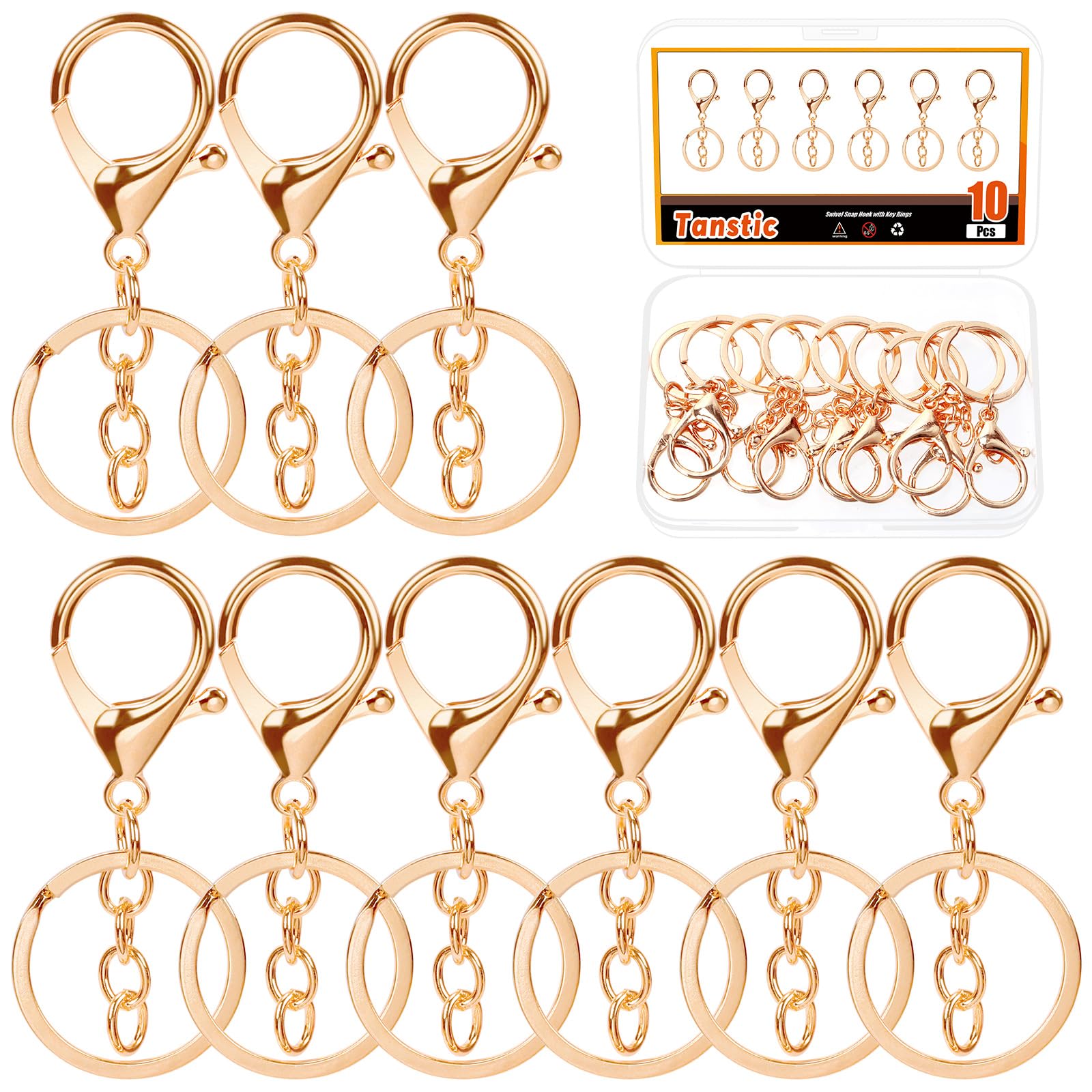 Tanstic 10 Stück KC Gold-Karabinerverschlüsse Schlüsselanhänger, Karabinerverschlüsse mit flachem Spaltring und Kette für Schlüsselanhänger DIY-Bastelprojekt