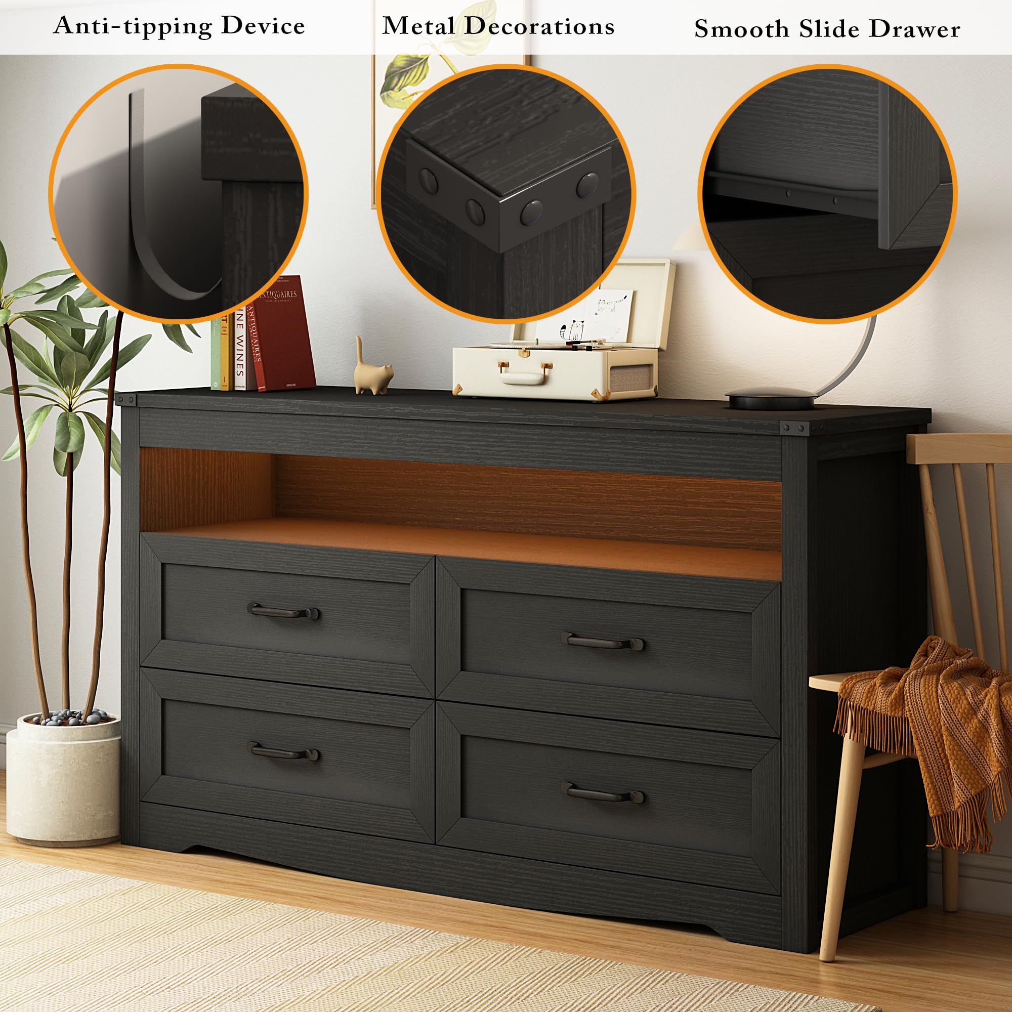 Wodeer Black Dresser for Bedroom, Wood 4 Drawer Dresser with LED Light, Dressers & Chests of Drawers with Metal Handles, Storage and Organization for Bedroom, Hallway, Entryway : Home & Kitchen