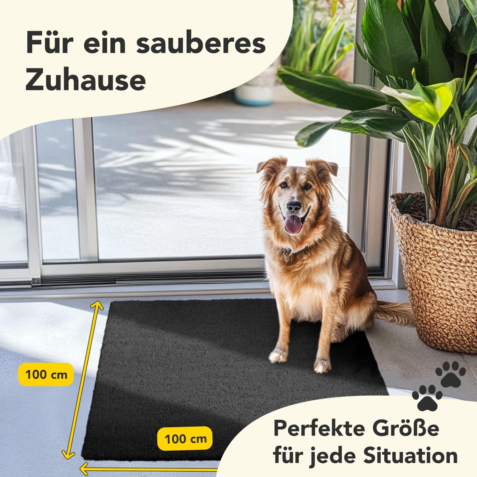 Floordirekt Felpudo para interior y exterior, 100x100 cm Negro, alfombrilla de puerta de coco, alfombrilla para atrapar suciedad para la puerta principal, alfombrilla antideslizante, alfombrilla de