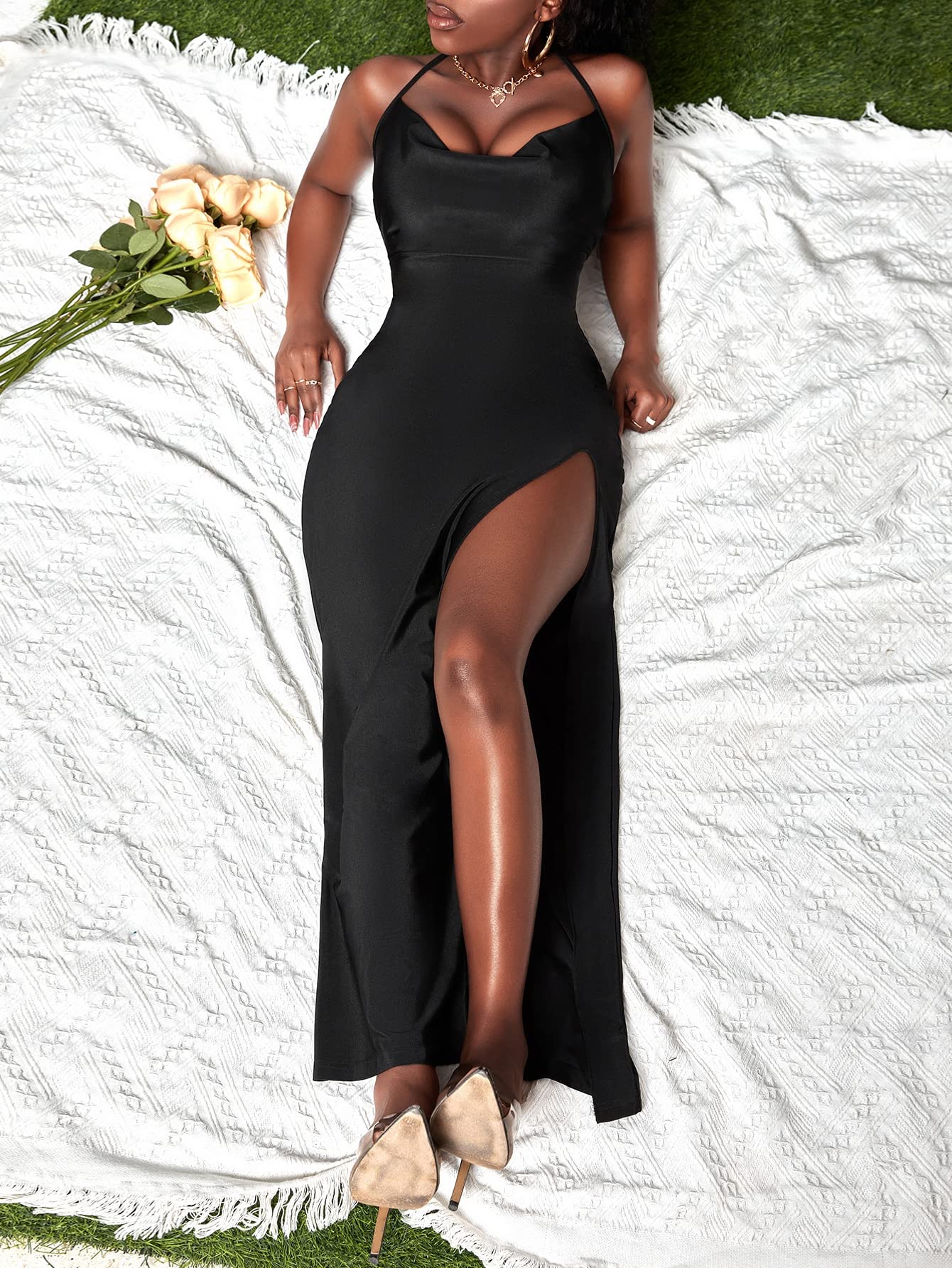 fitted lace wedding dress Amazon.com: Neeno women's dresses Cowl Neck Split Thigh Criss Cross Tie  Backless Maxi Cami Dress dress for women(Small) : Clothing, Shoes & Jewelry
