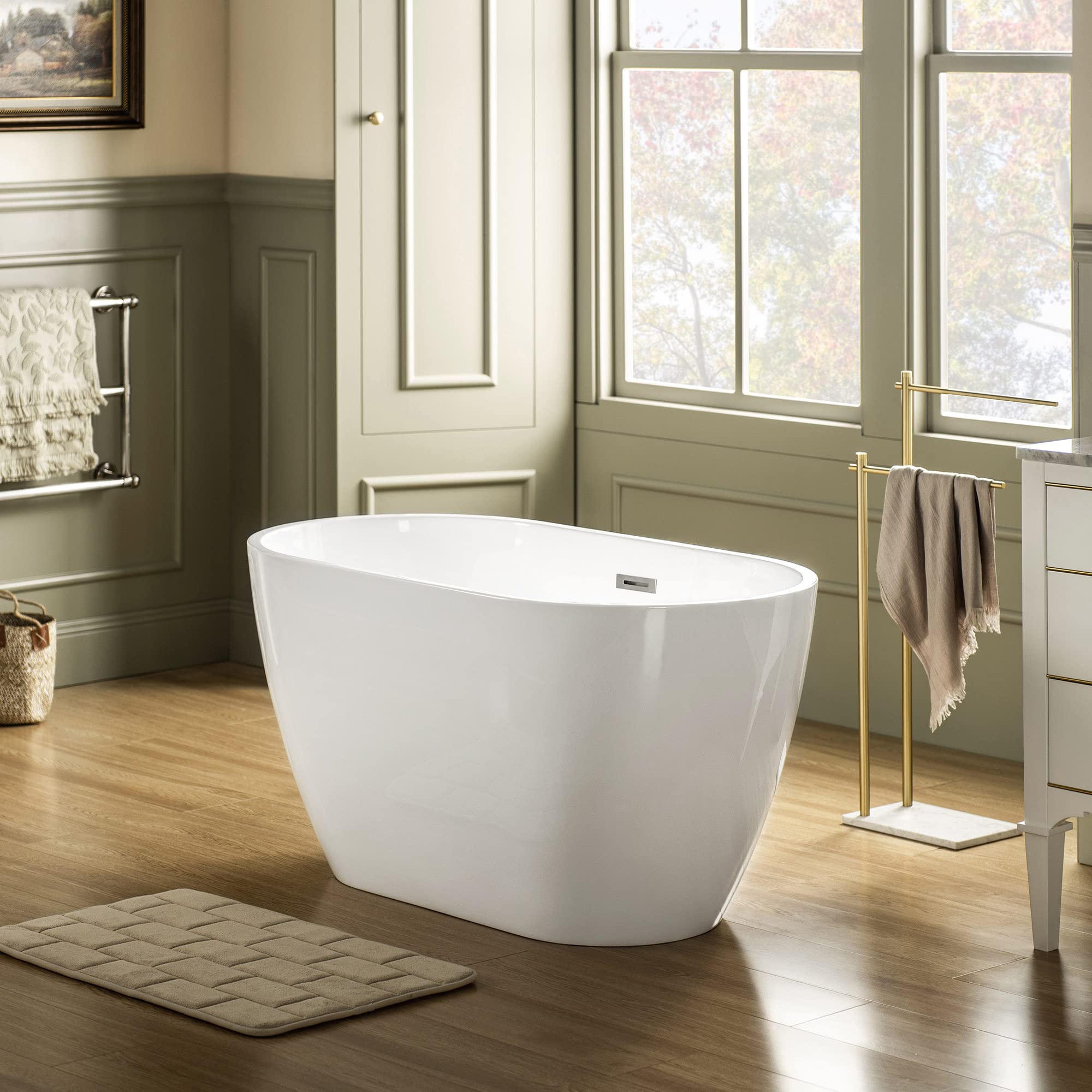 WOODBRIDGE 48" Acrylic Freestanding Bathtub Contemporary Soaking Tub, White Acrylic(Brushed Nickel Drain/Overflow),BTA1703-B/N-Drain&O