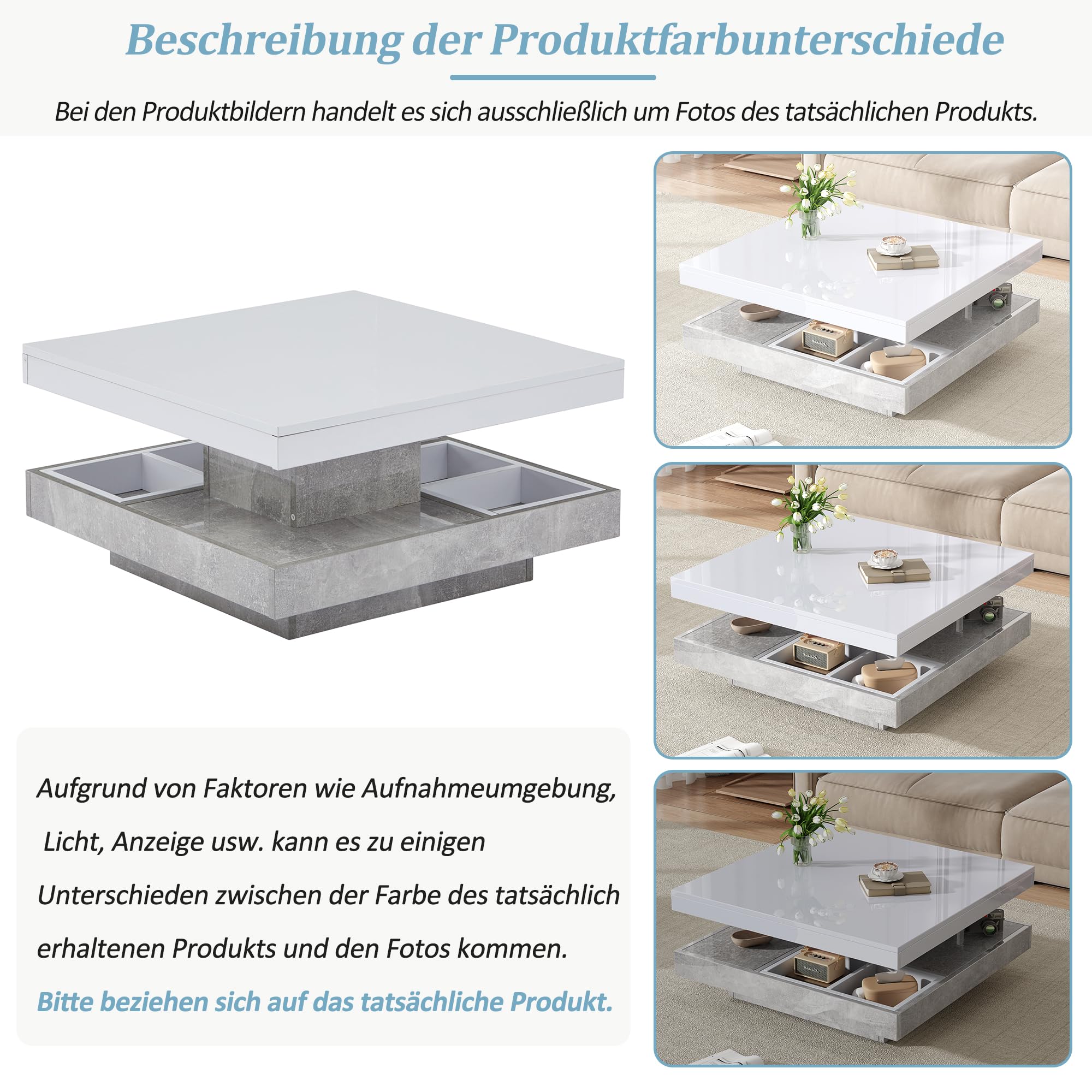 Merax Couchtisch quadratische mit Drehbarer Schreibtisch, Moderner Wohnzimmertisch mit verstecktem Ablagefach, kreativer Sofatisch Kaffeetisch Beistelltisch Mitteltisch für Home Office, Weiß & Marmor