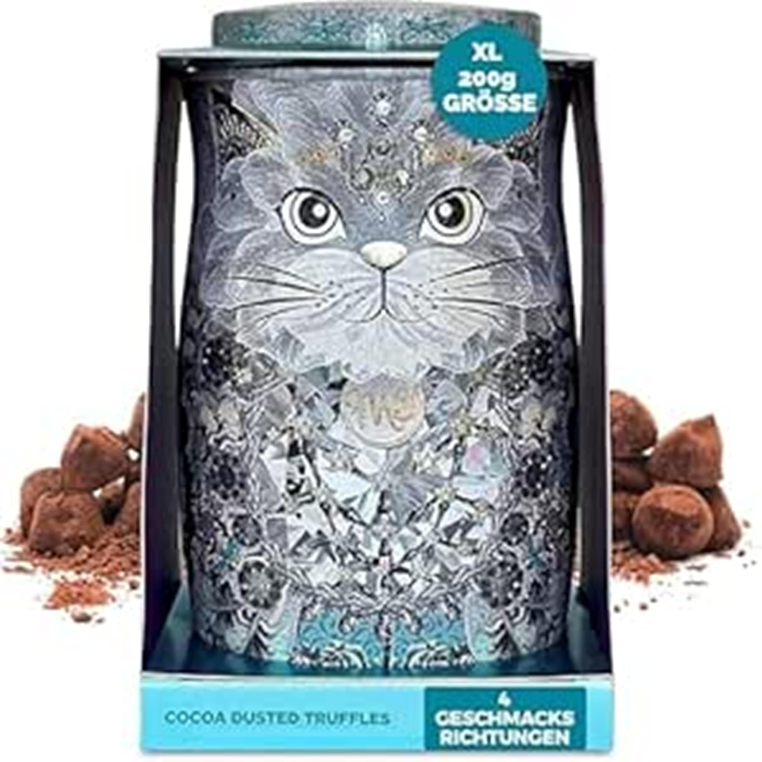 Monty Bojangles Diamond Empress Schokoladentrüffel (200g) Truffle Pralinen mit Kakao bestäubt in Sammlerdose mit Katzen-Design, Luxus Schokolade Geschenkbox mit 4 Geschmacksrichtungen
