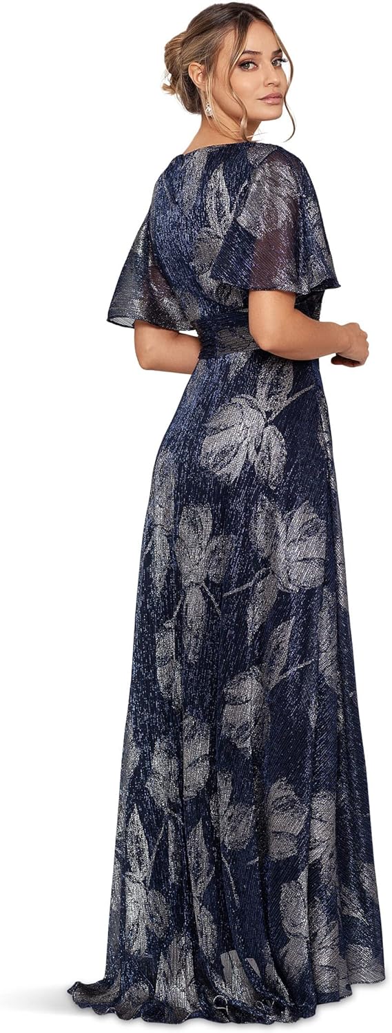 Betsy & Adam Women's V Neck Flutter Sleeve Metallic Print Flowy Dress