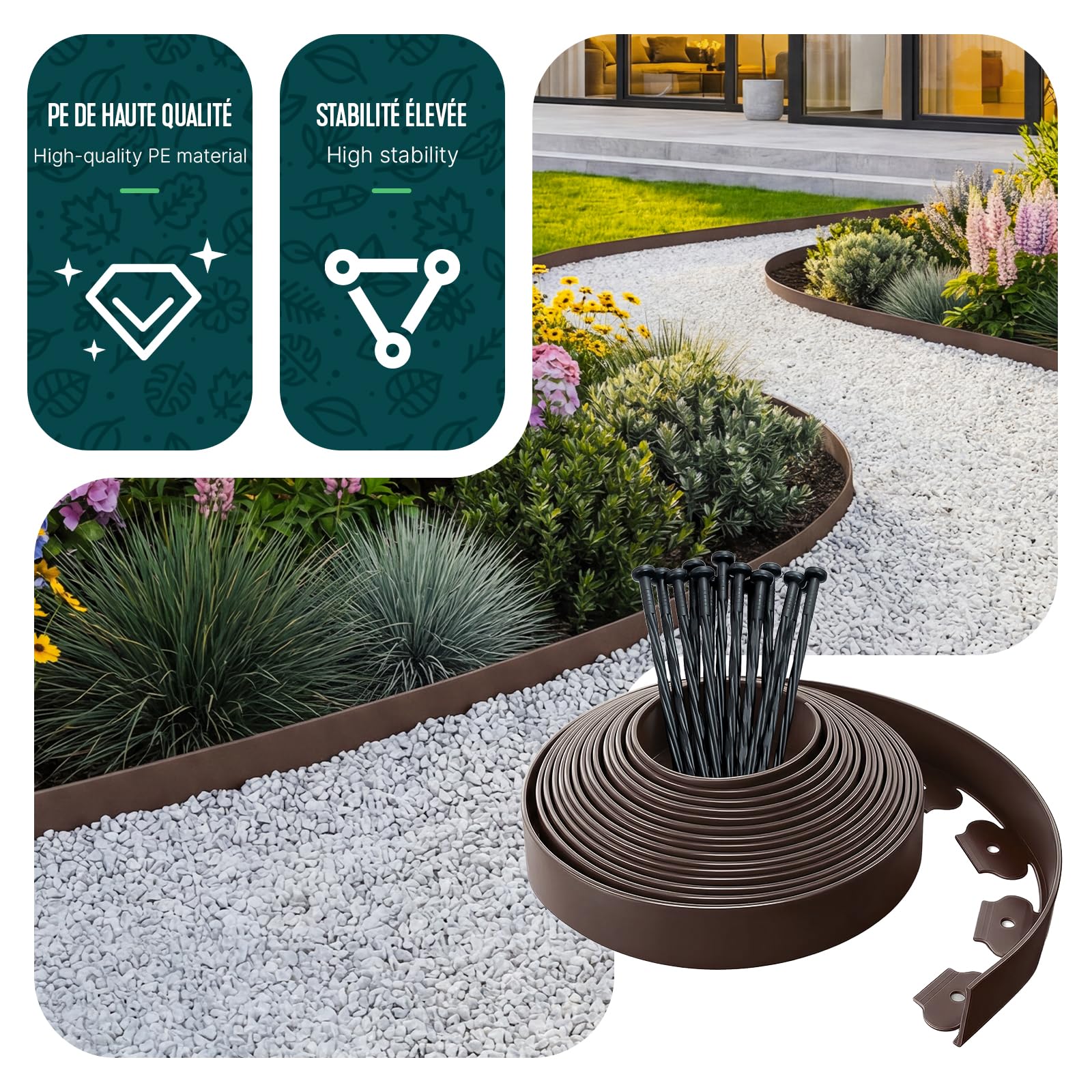 VOUNOT® Borde Jardín, Césped Borde, Flexible de Plástico, Longitud 10 m, Altura 5 cm, con 30 Clavijas, Marrón