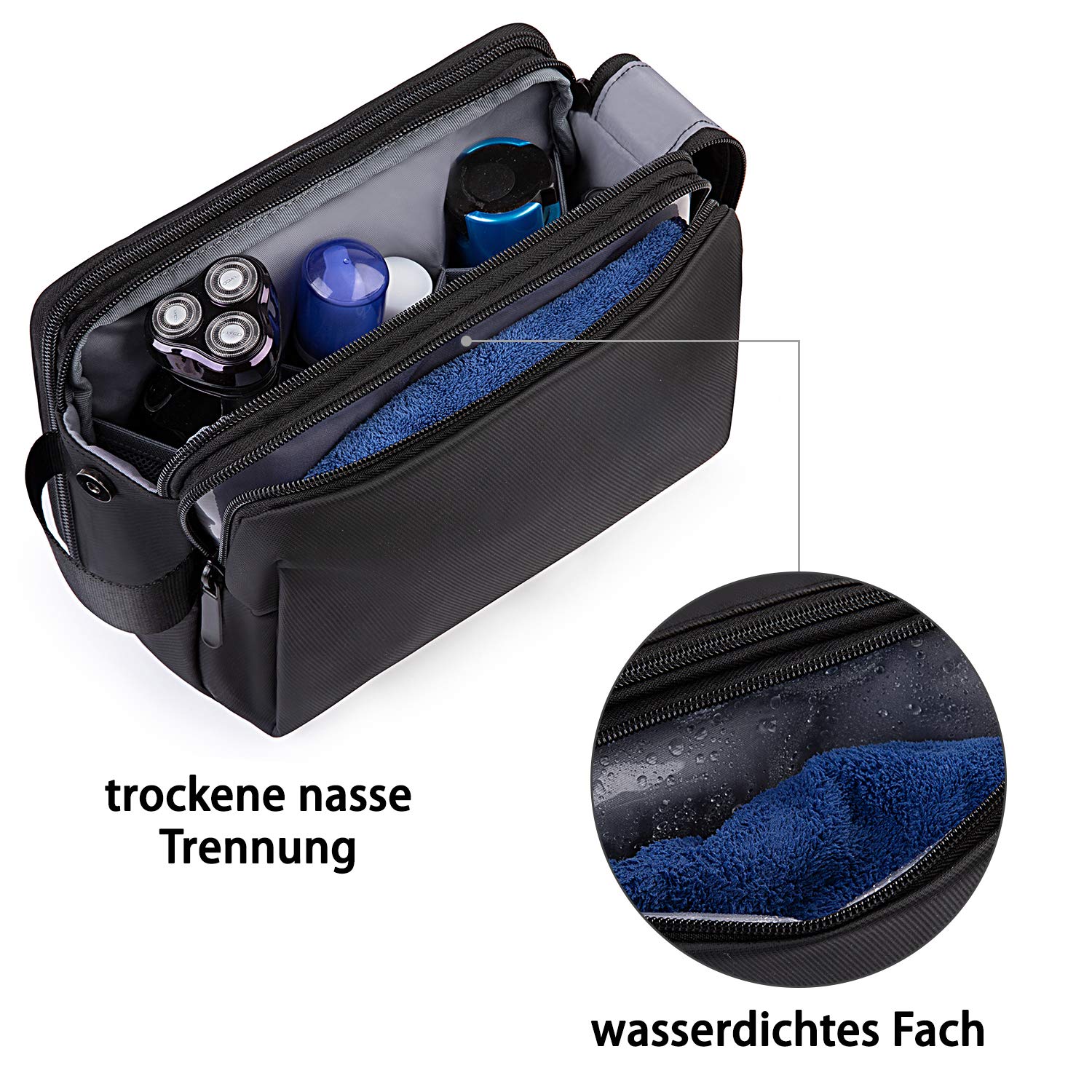 BAGSMART Kulturbeutel für Herren, Reise Kulturtasche Reisezubehör Kosmetiktasche mit Doppelter Reißverschlussöffnung Großer Stauraum, 5L-Schwarz