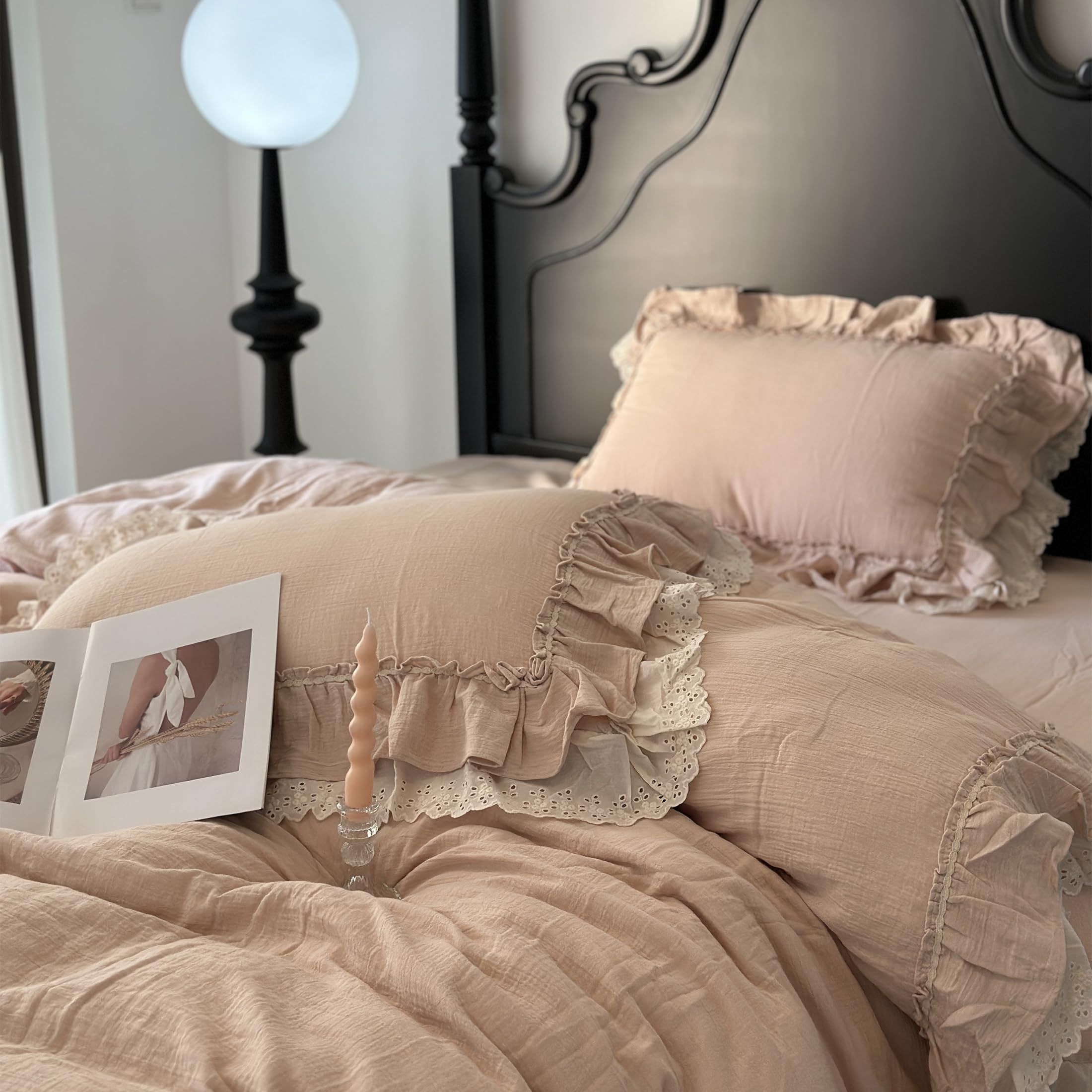GETIYA Hellrosa Rosa Bettwäsche 135x200 Baumwolle Bettbezug Unifarben Rüschen Bettwäsche Mädchen Damen Deckenbezug Einzelbett mit Reißverschluss und 1 Kissenbezug 80x80